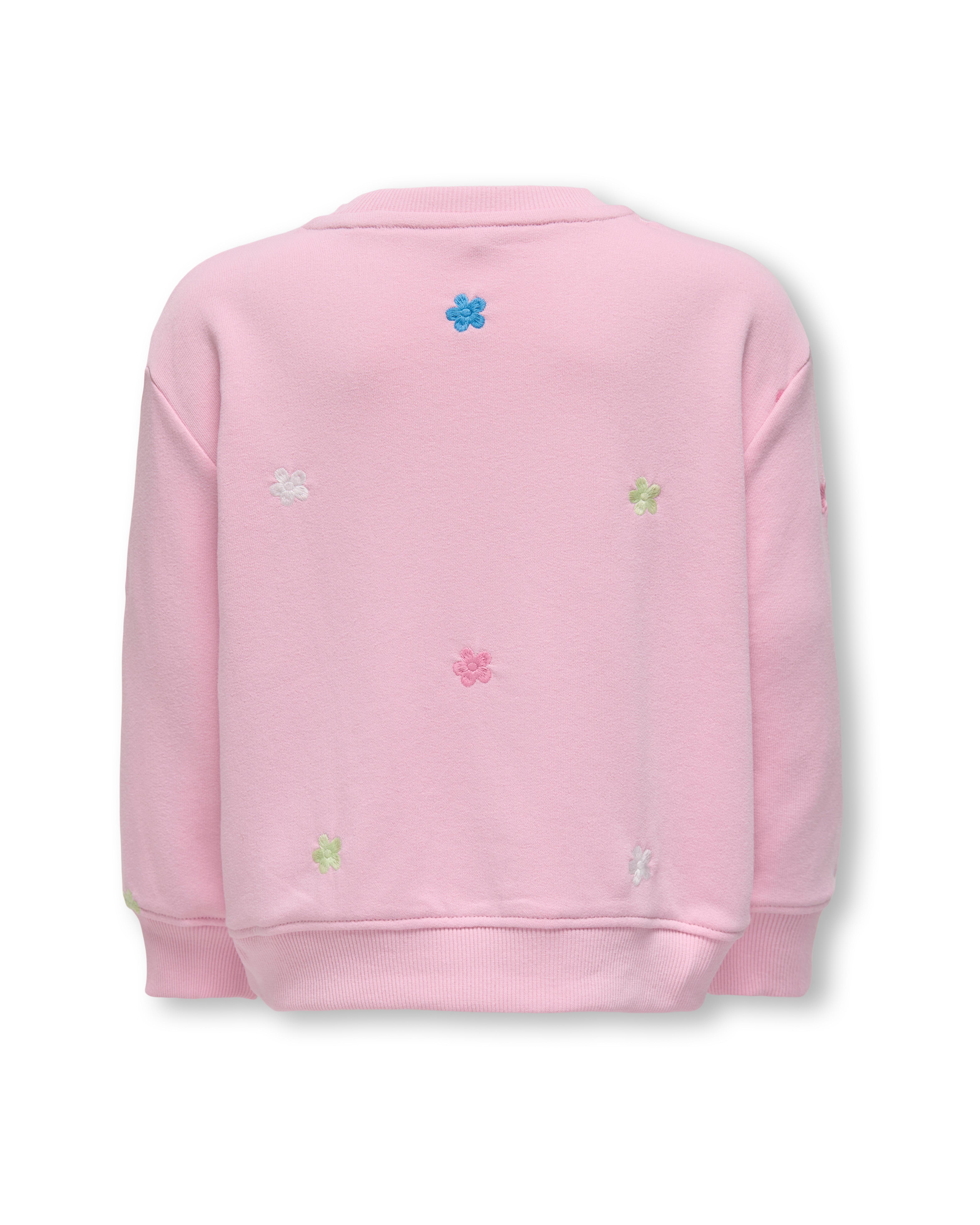 Felpa rosa girocollo in misto cotone con ricamo fiori multicolor