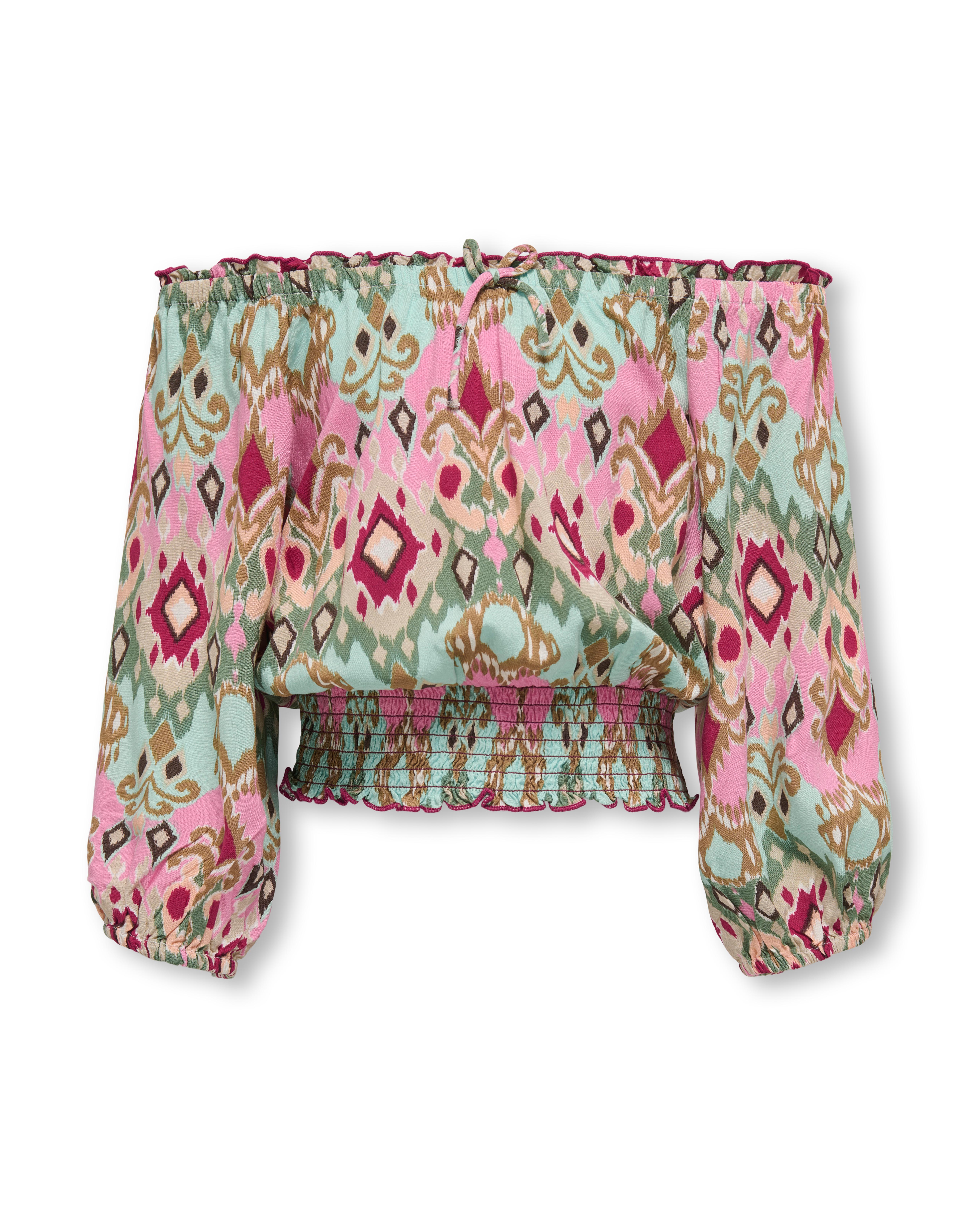 Top in viscosa con spalle scoperte in fantasia etnica multicolor