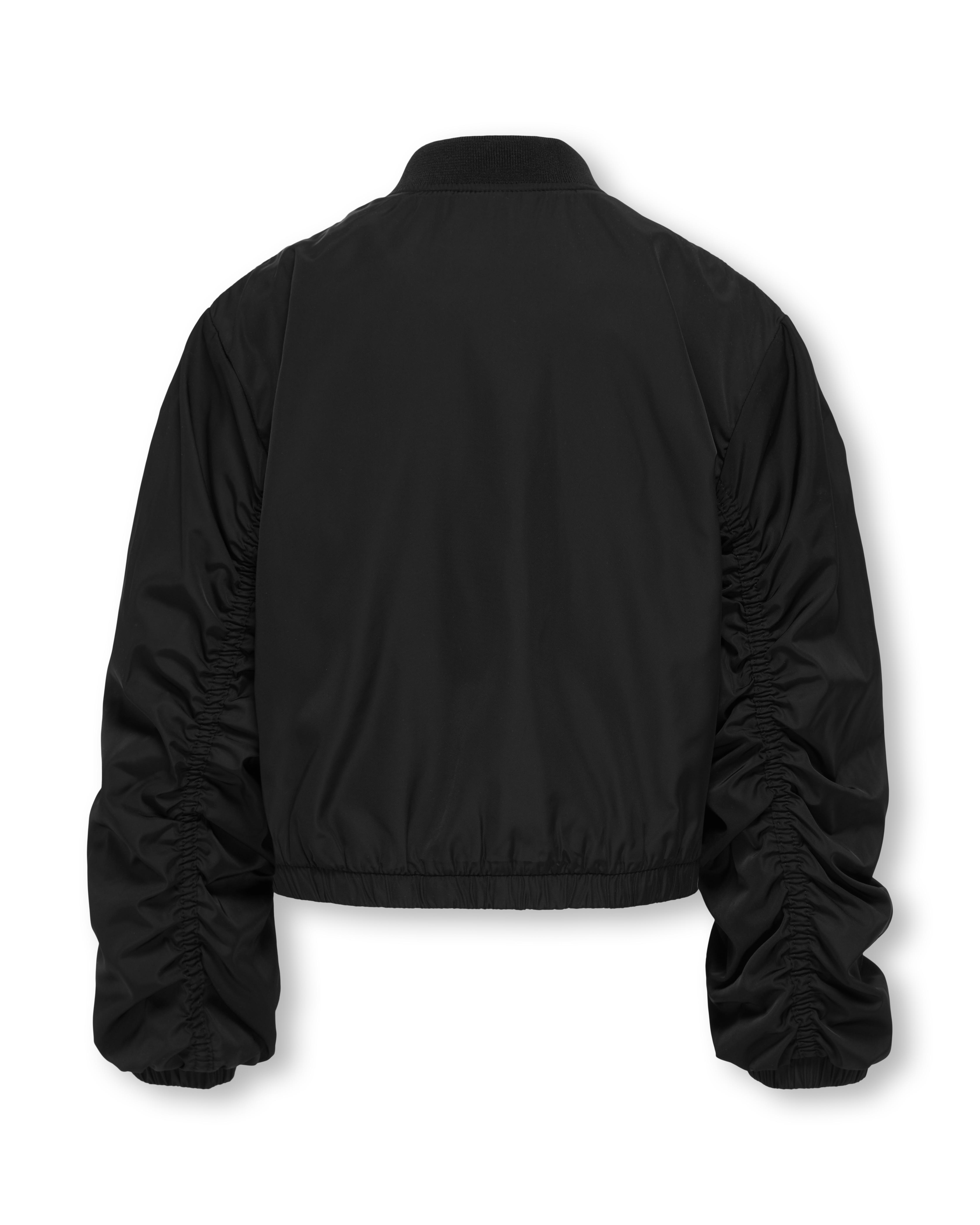 Bomber nero midi in nylon effetto satin con arricciature Pellizzari