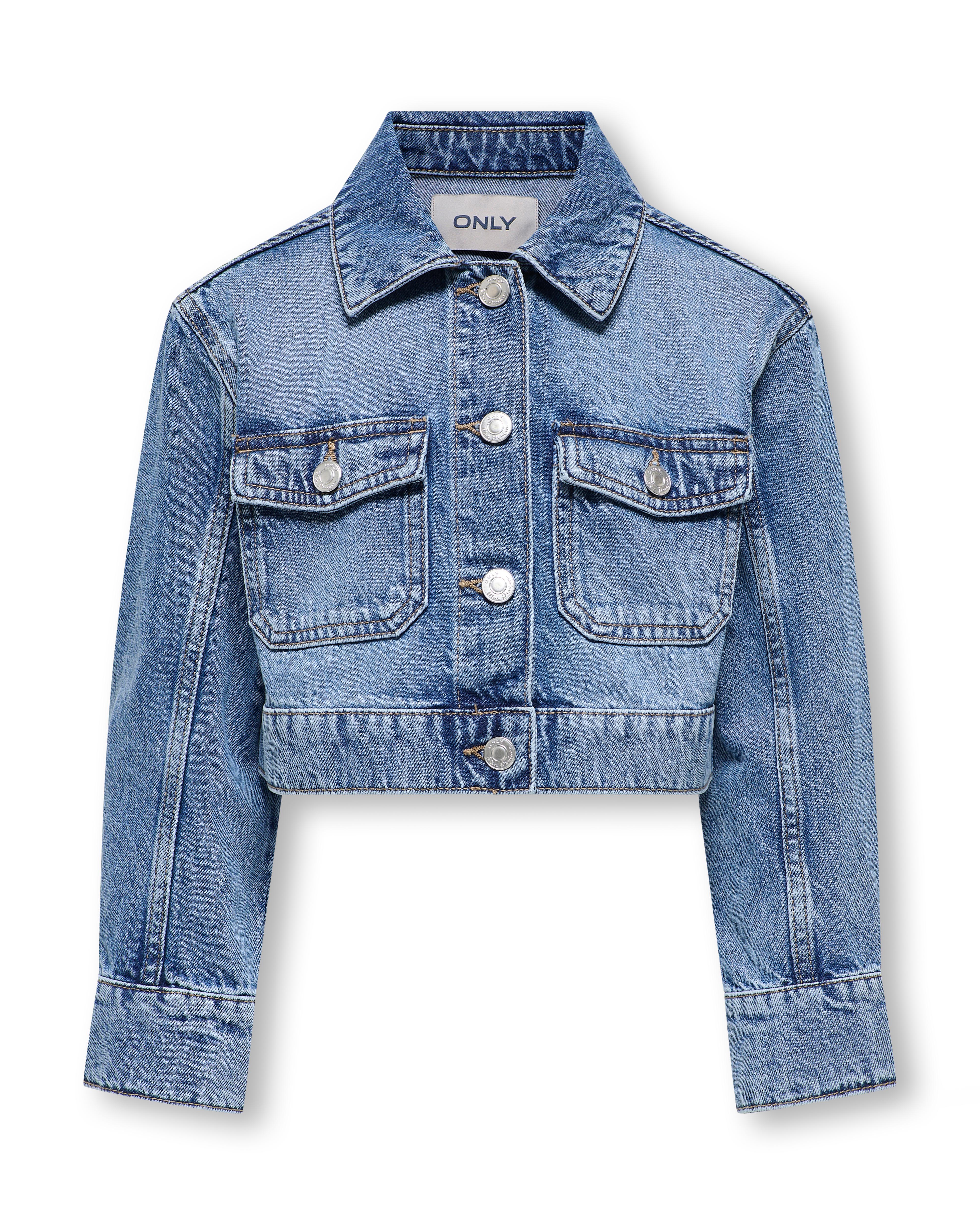 Giubbino cropped in denim a lavaggio medio in puro cotone