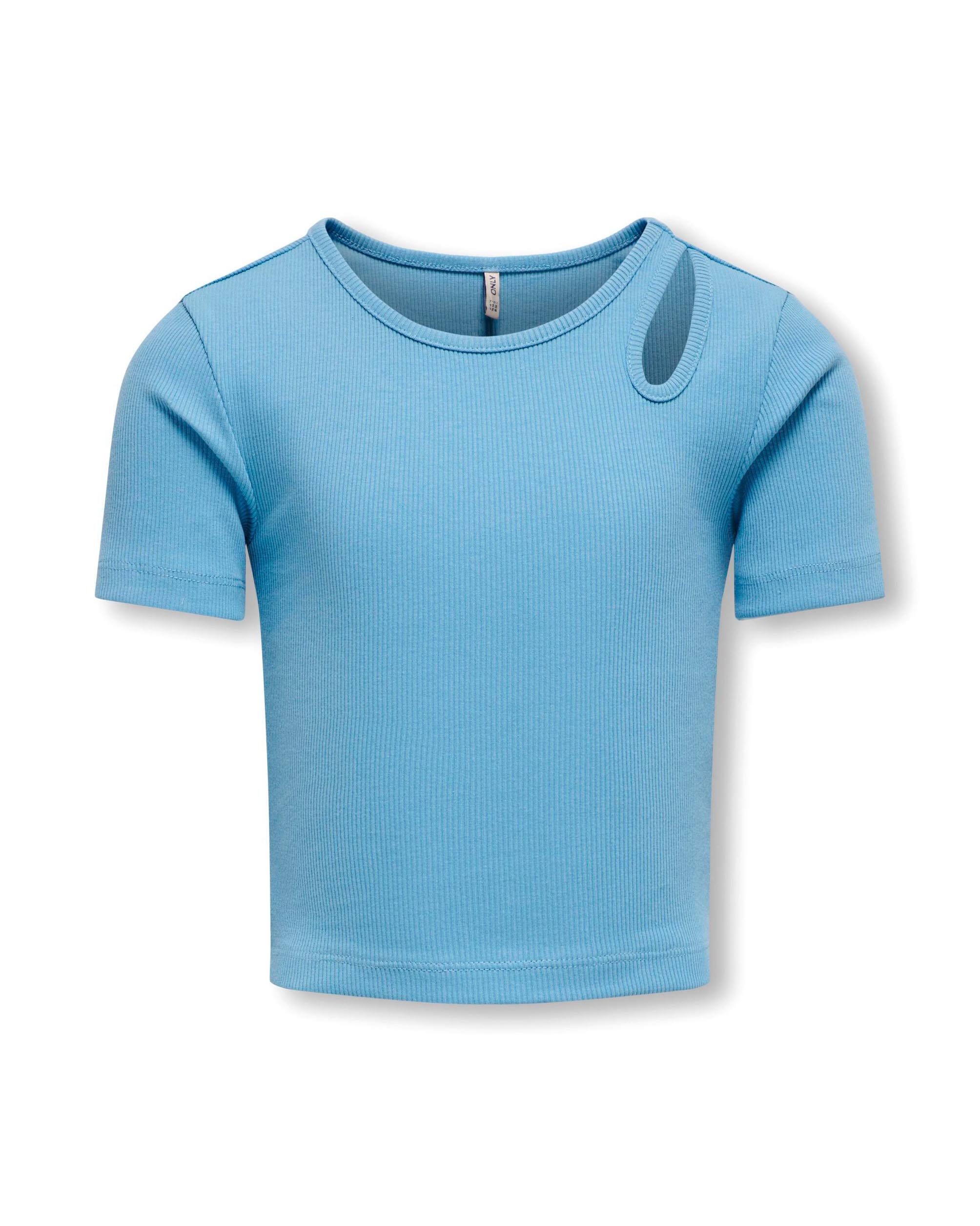 T-shirt azzurra in cotone stretch a costine con apertura e maniche corte