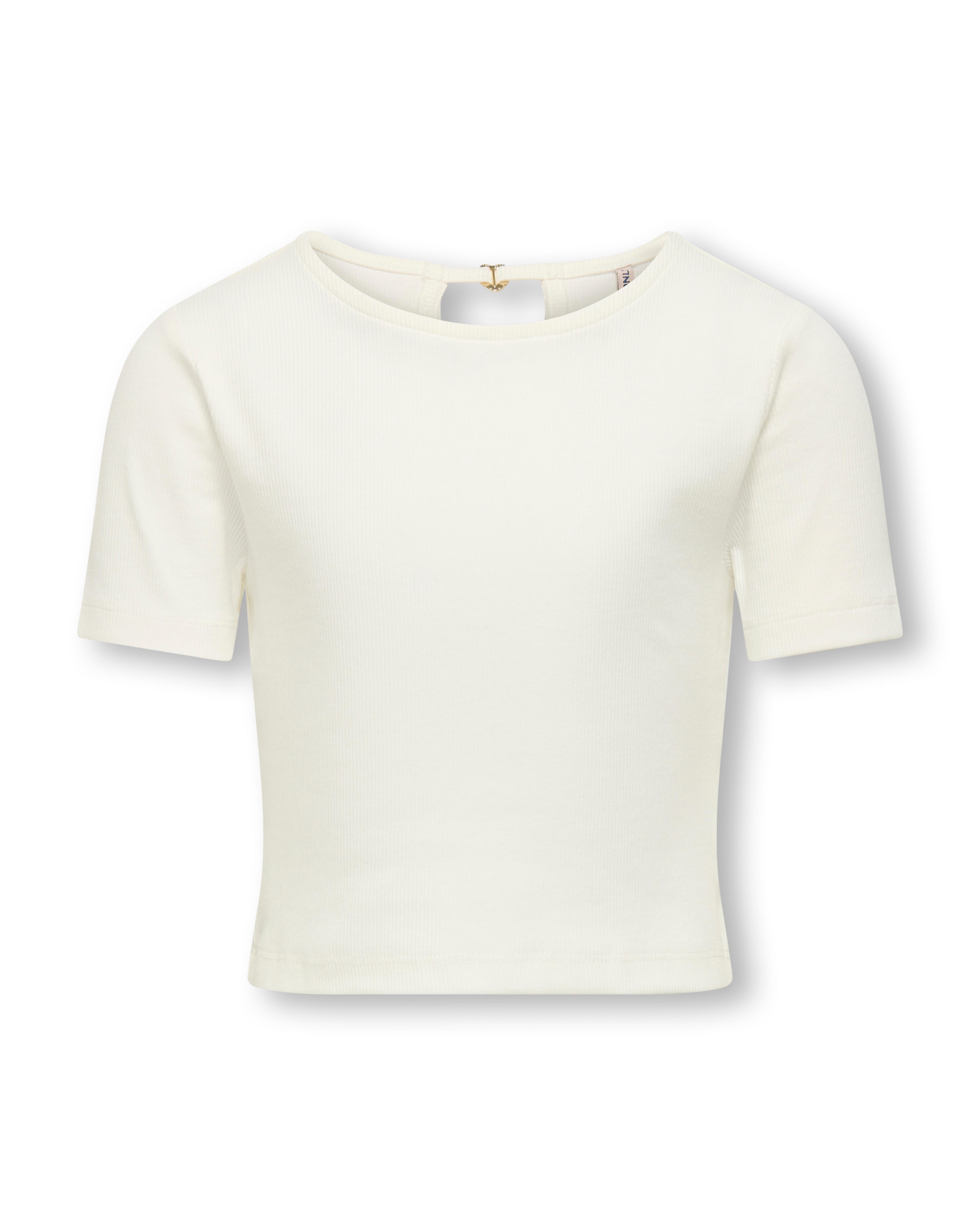 T-shirt mezza manica avorio in cotone stretch a costine con apertura a goccia sul retro