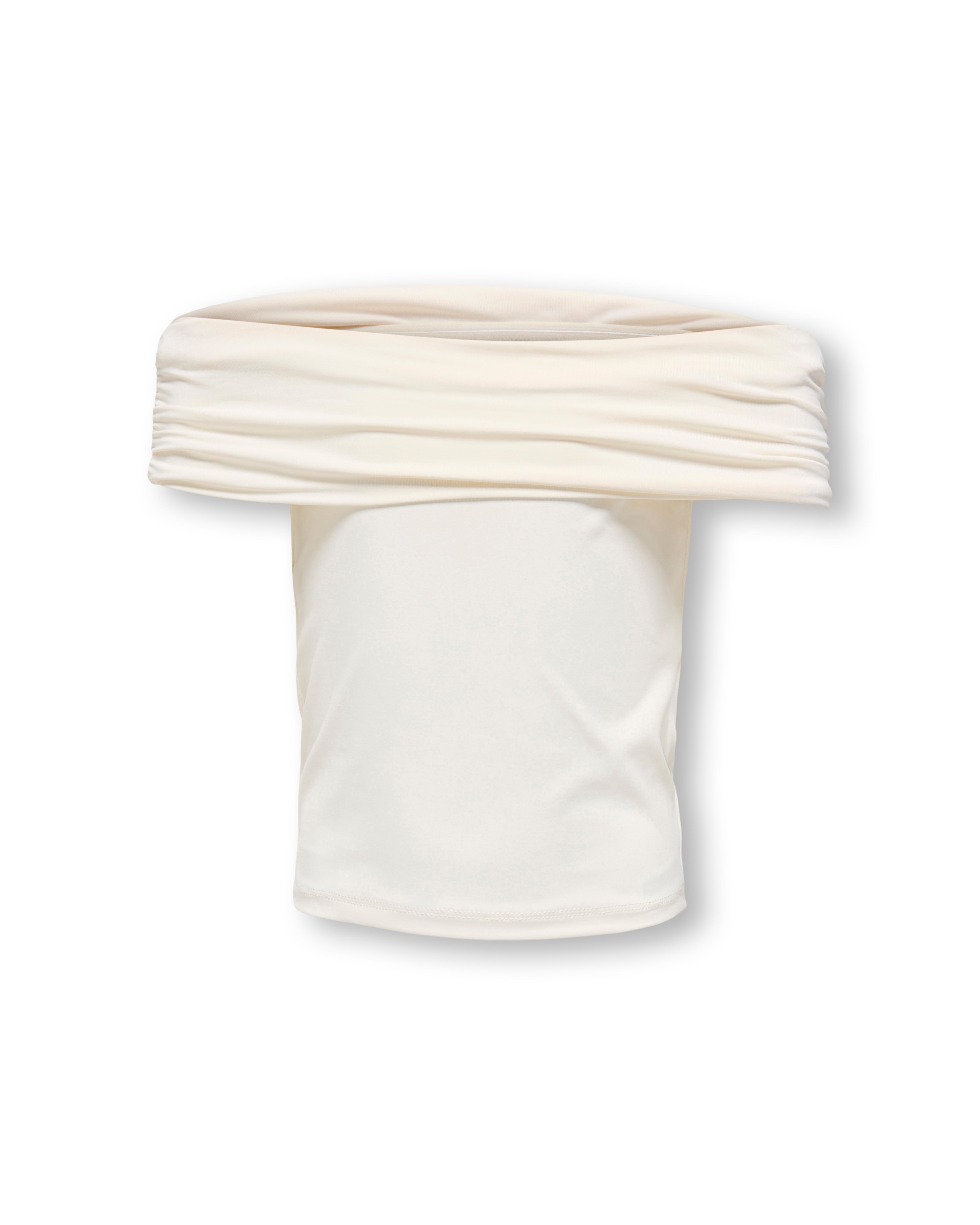 Top bianco in tessuto stretch con spalle scoperte e maxi fascia