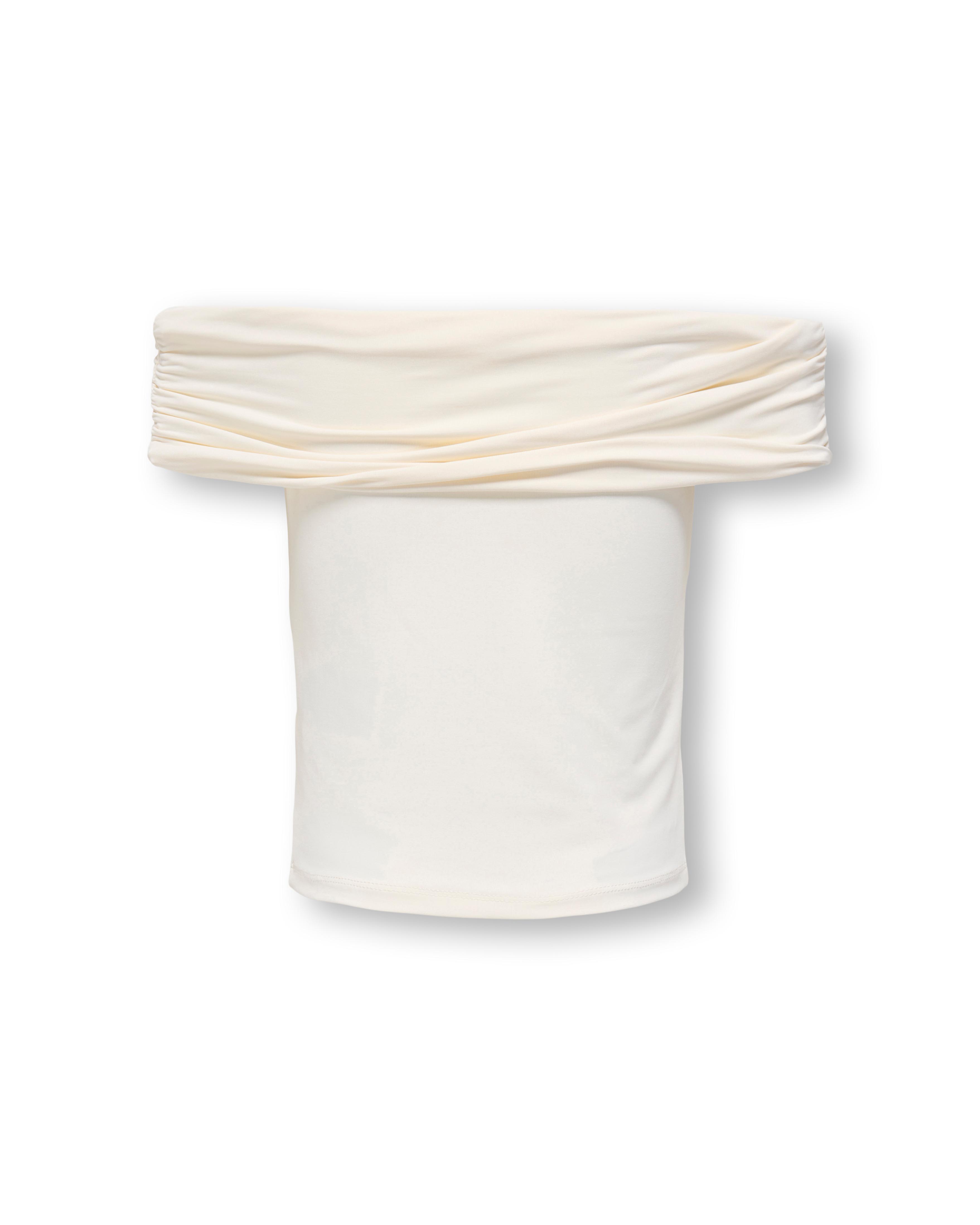 Top bianco in tessuto stretch con spalle scoperte e maxi fascia image