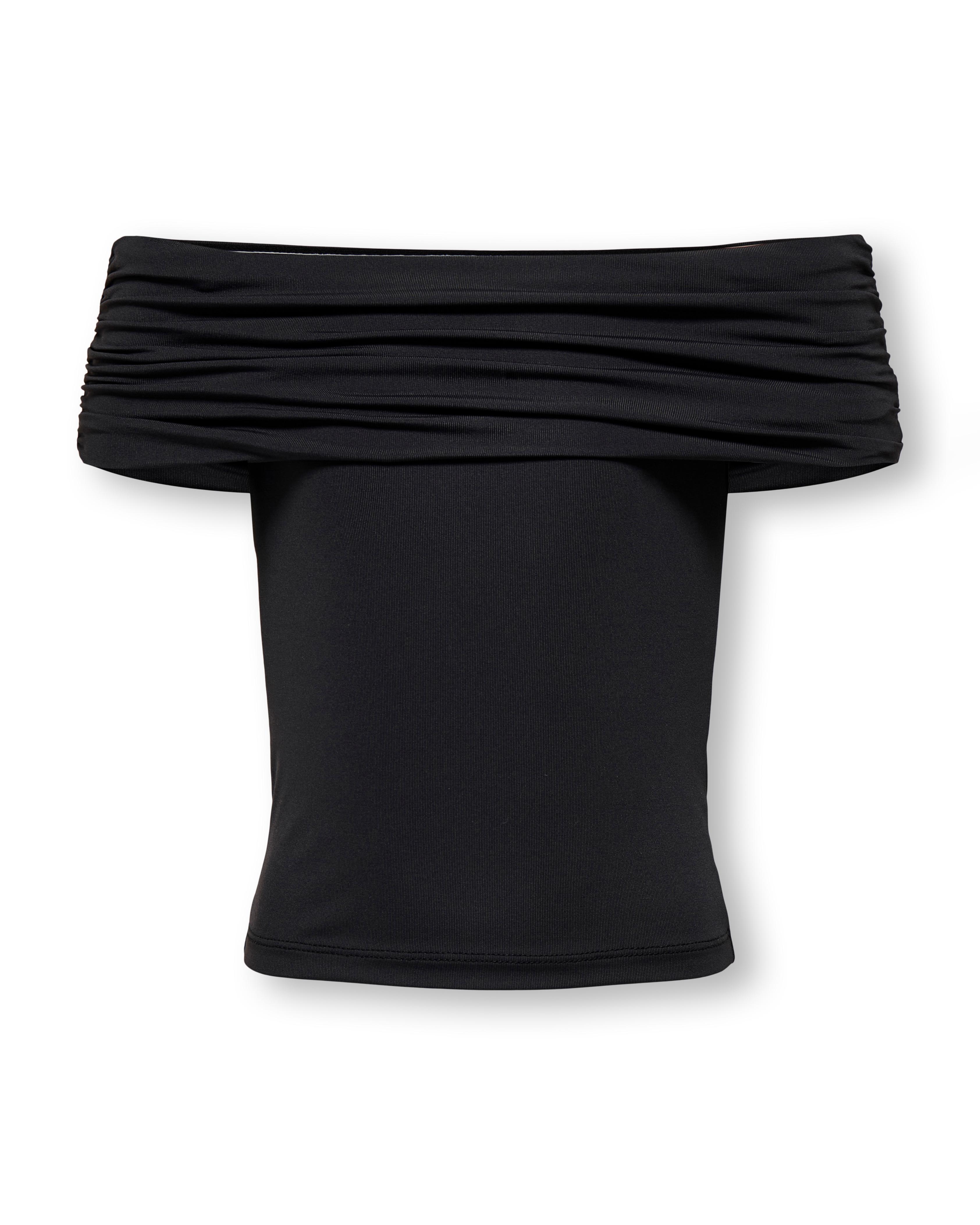 Top nero in tessuto stretch con spalle scoperte e maxi fascia