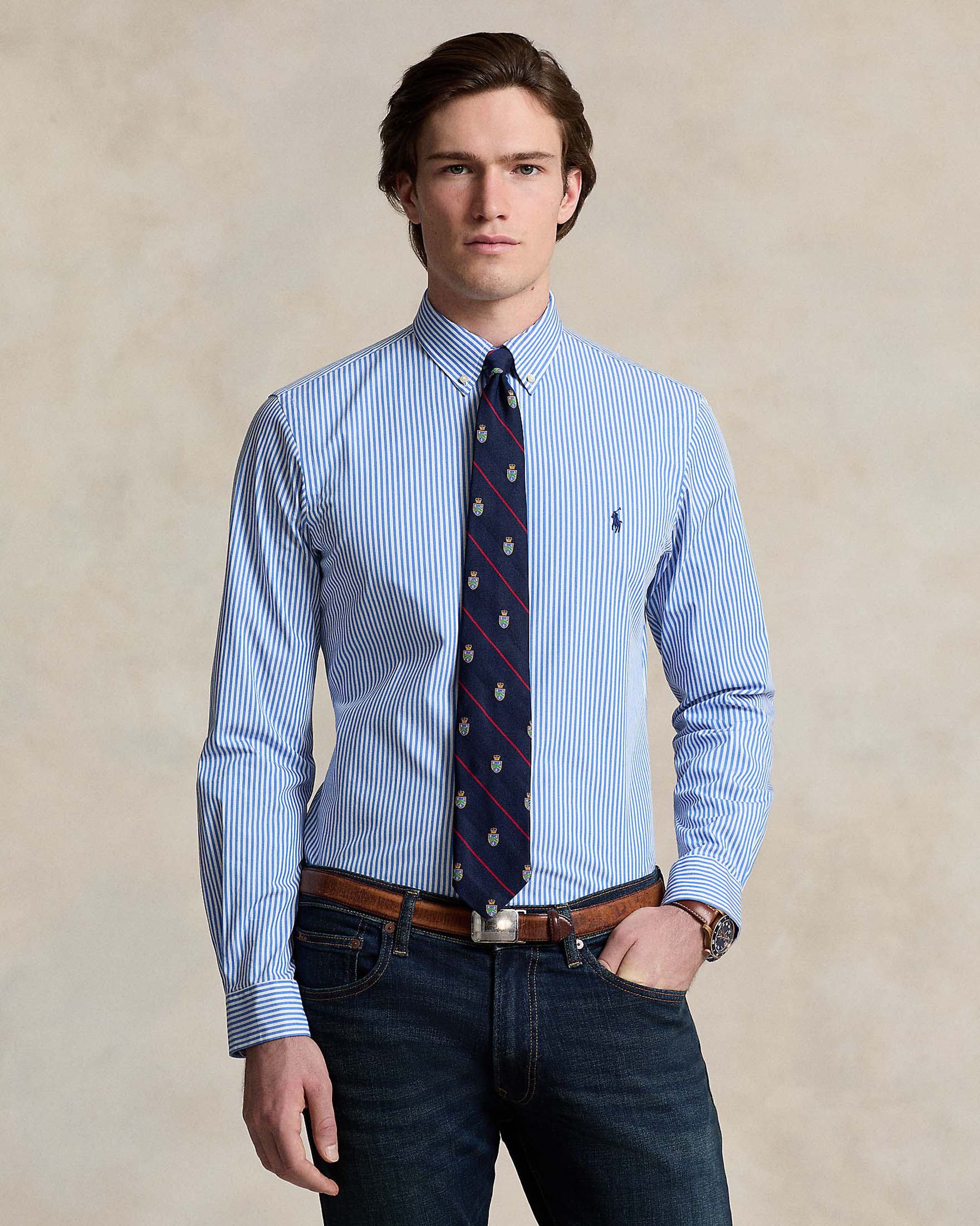 Camicia slim a righe bianche e celesti in popeline di cotone stretch con colletto button-down