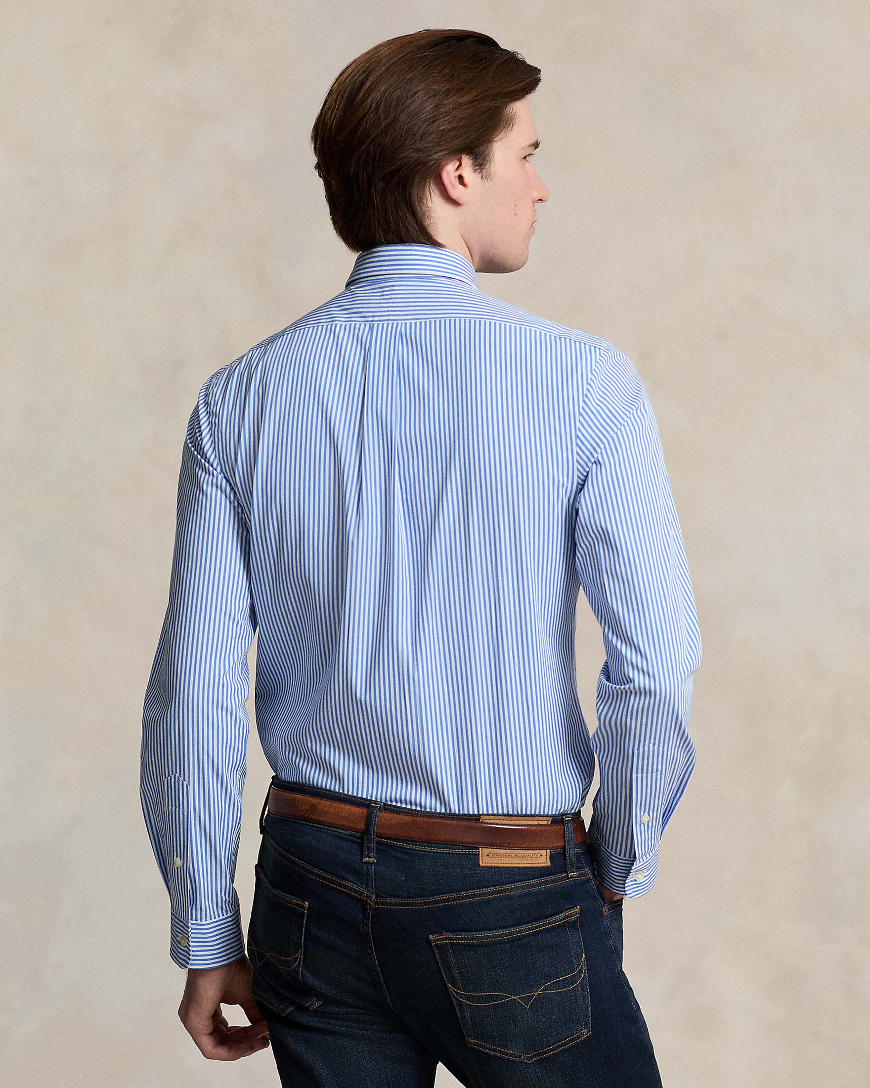 Camicia slim Polo Ralph Lauren a righe bianche e celesti in popeline di cotone stretch con colletto button-down image