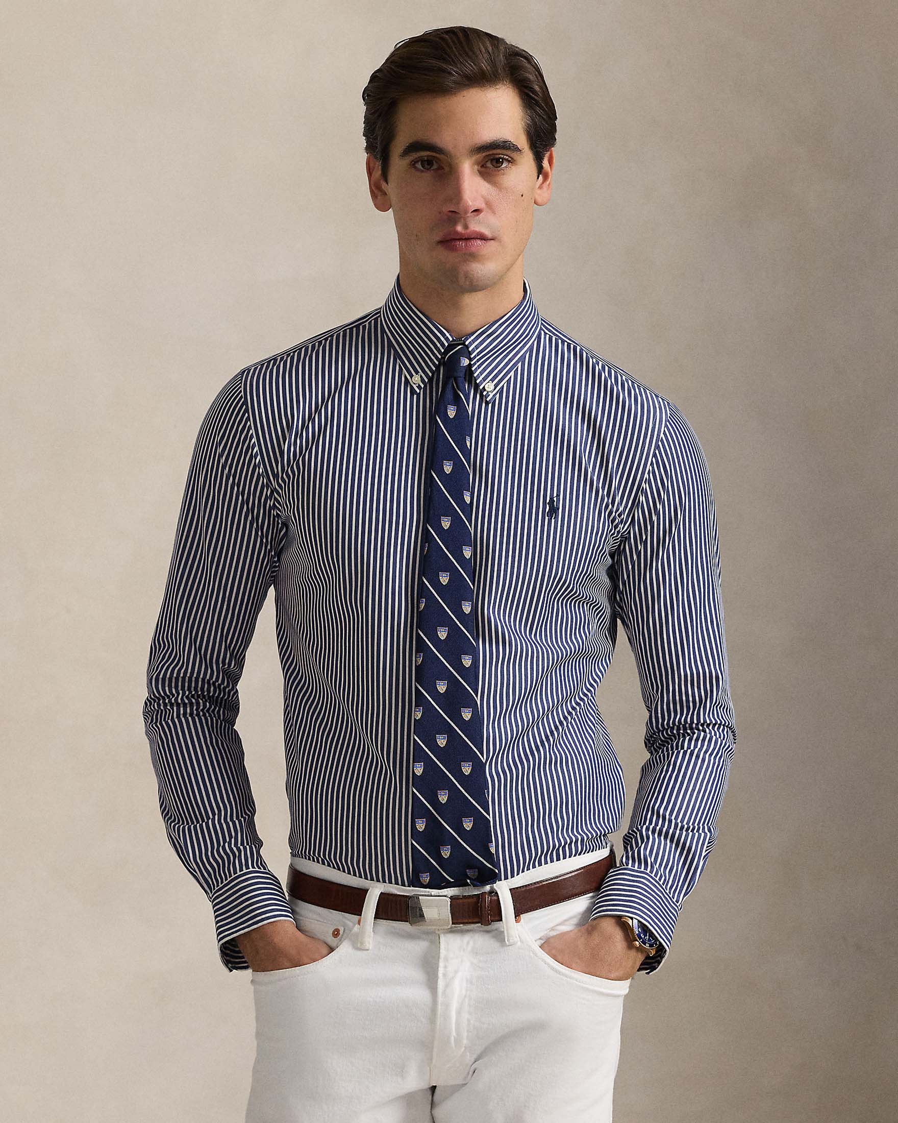 Camicia custom-fit a righe blu e bianche in Oxford di cotone stretch con colletto button-down