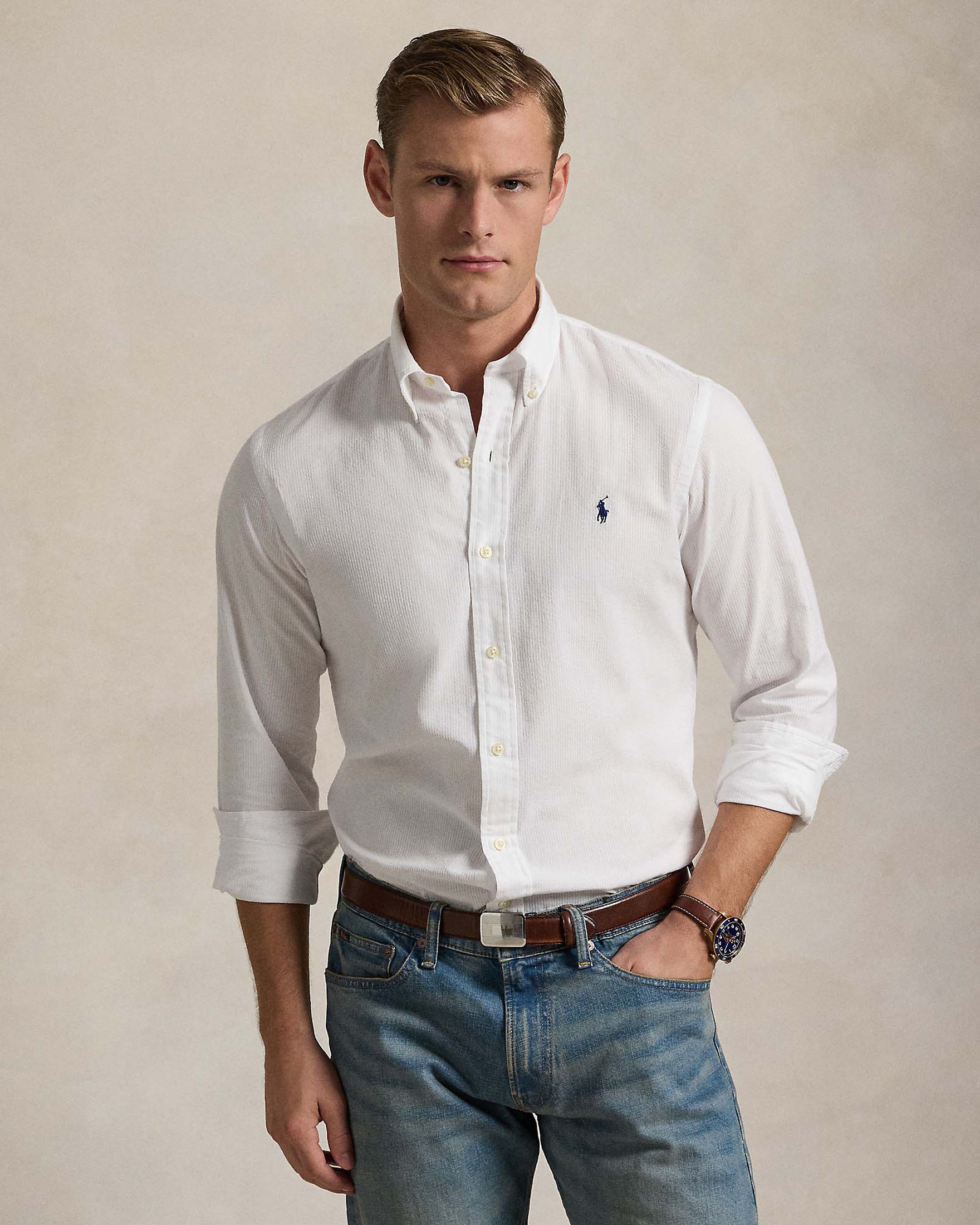 Camicia bianca custom-fit Polo in seersucker di puro cotone con colletto button-down