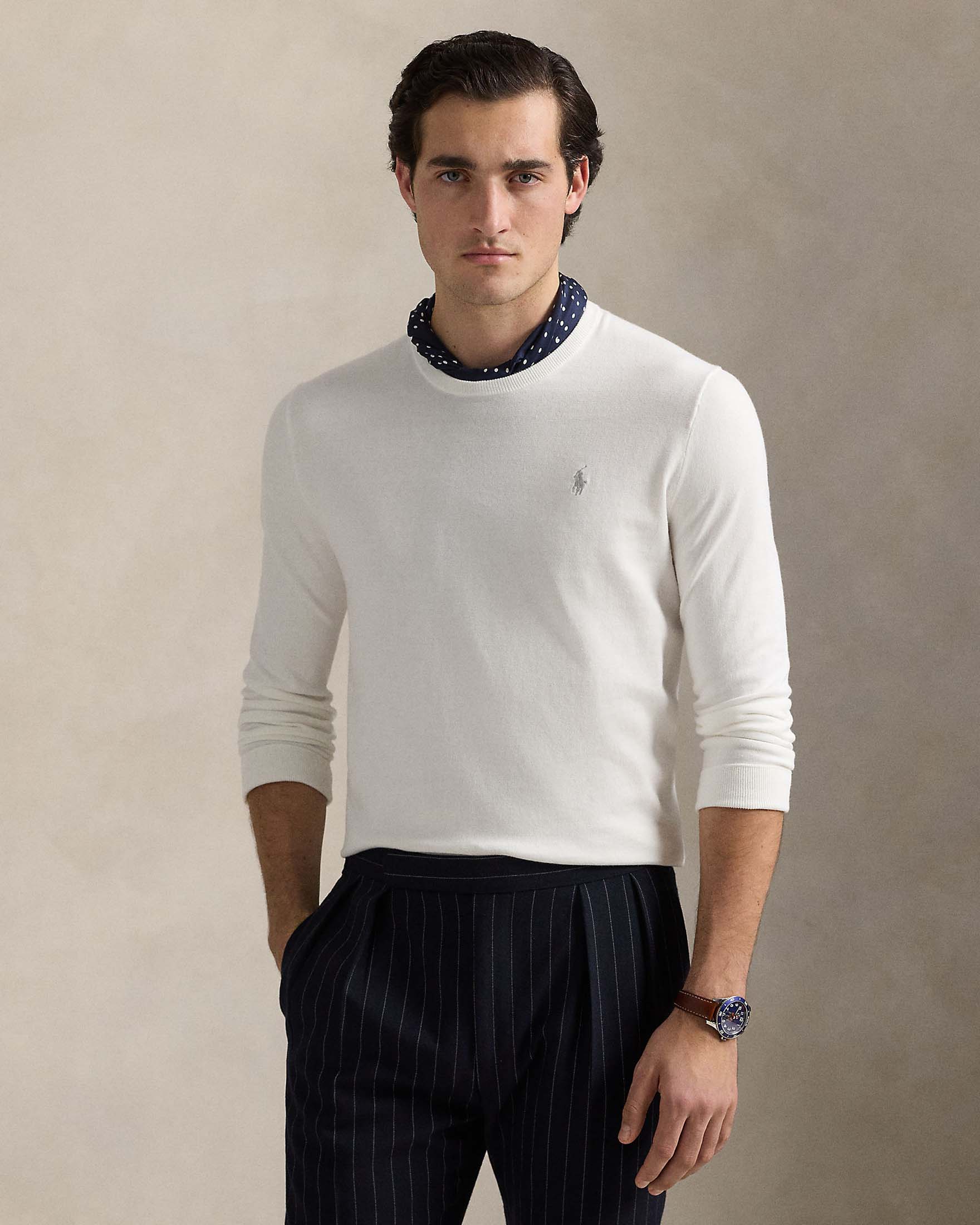 Maglioncino bianco girocollo Polo Ralph Lauren in pima cotton slim-fit