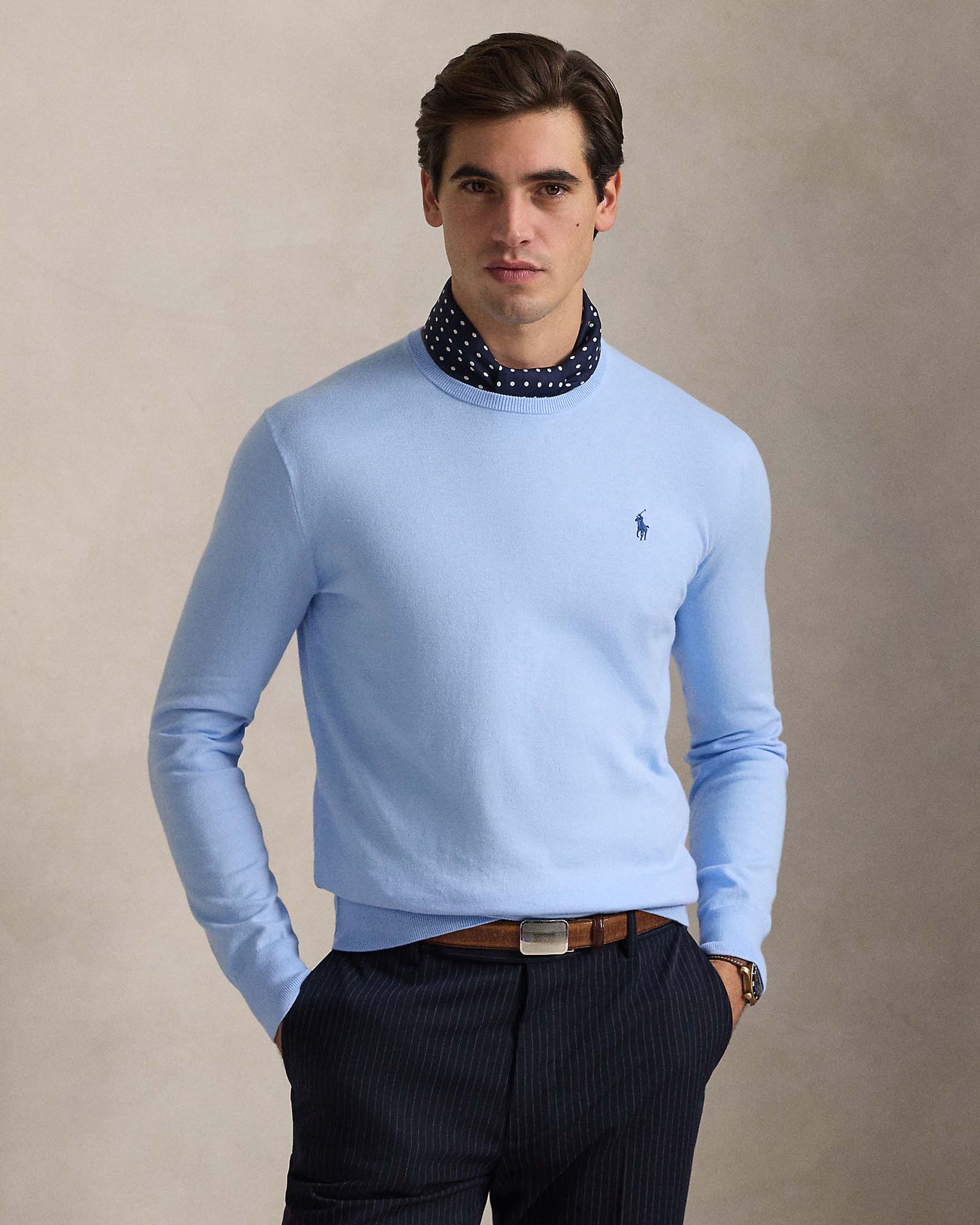 Maglioncino azzurro girocollo Polo in pima cotton slim-fit