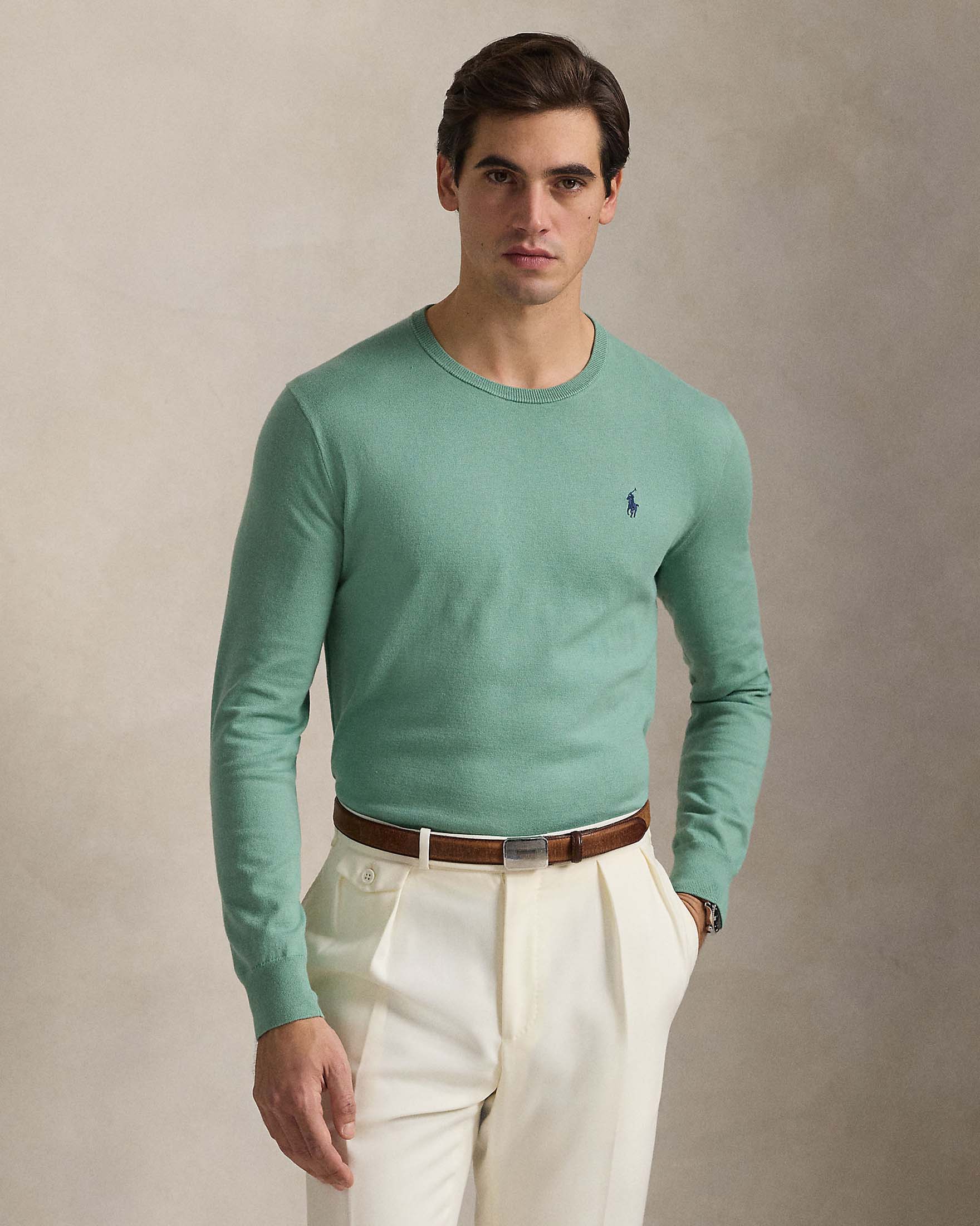 Maglioncino verde salvia girocollo in pima cotton slim-fit