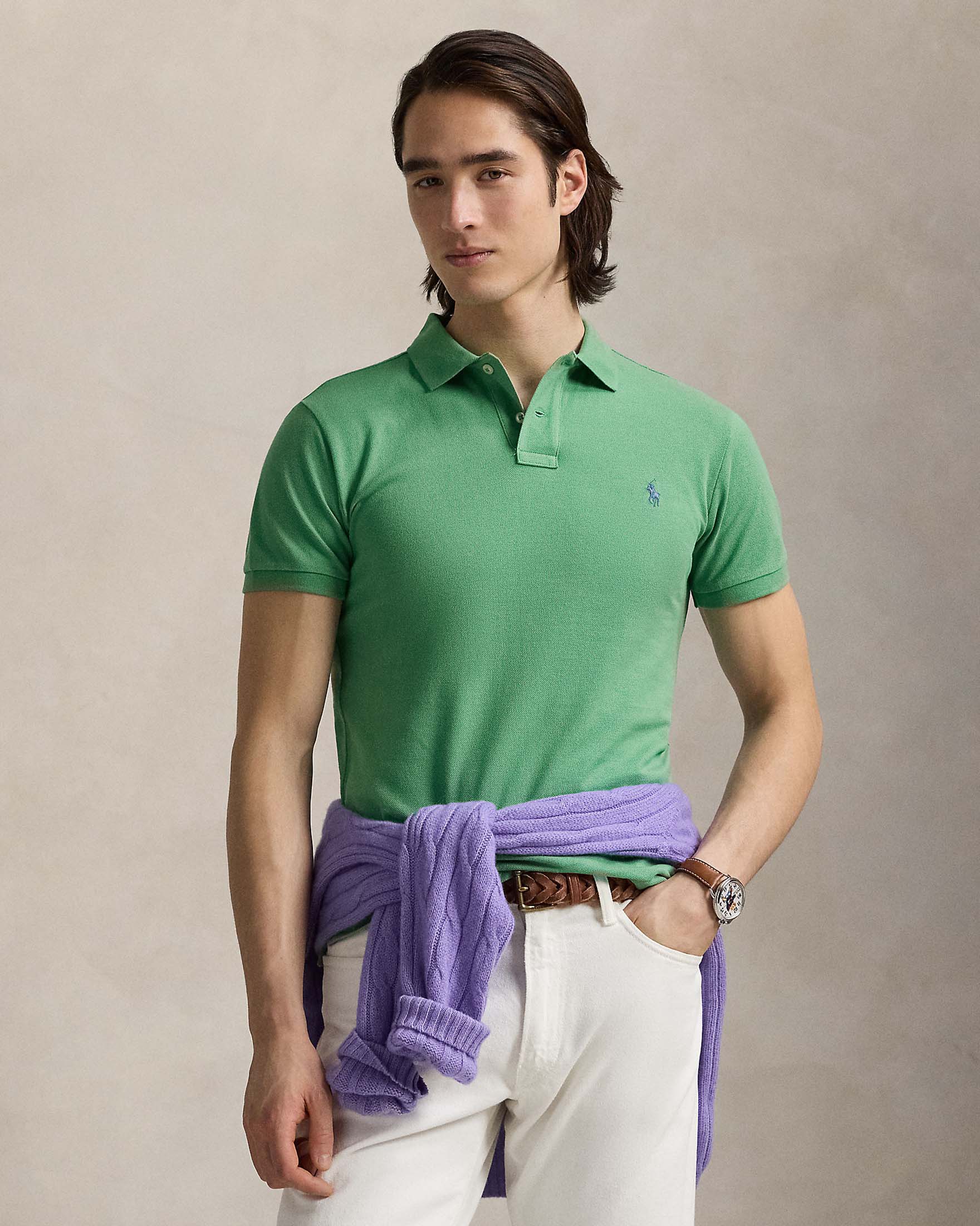 Polo verde mezza manica in piquè di puro cotone slim-fit