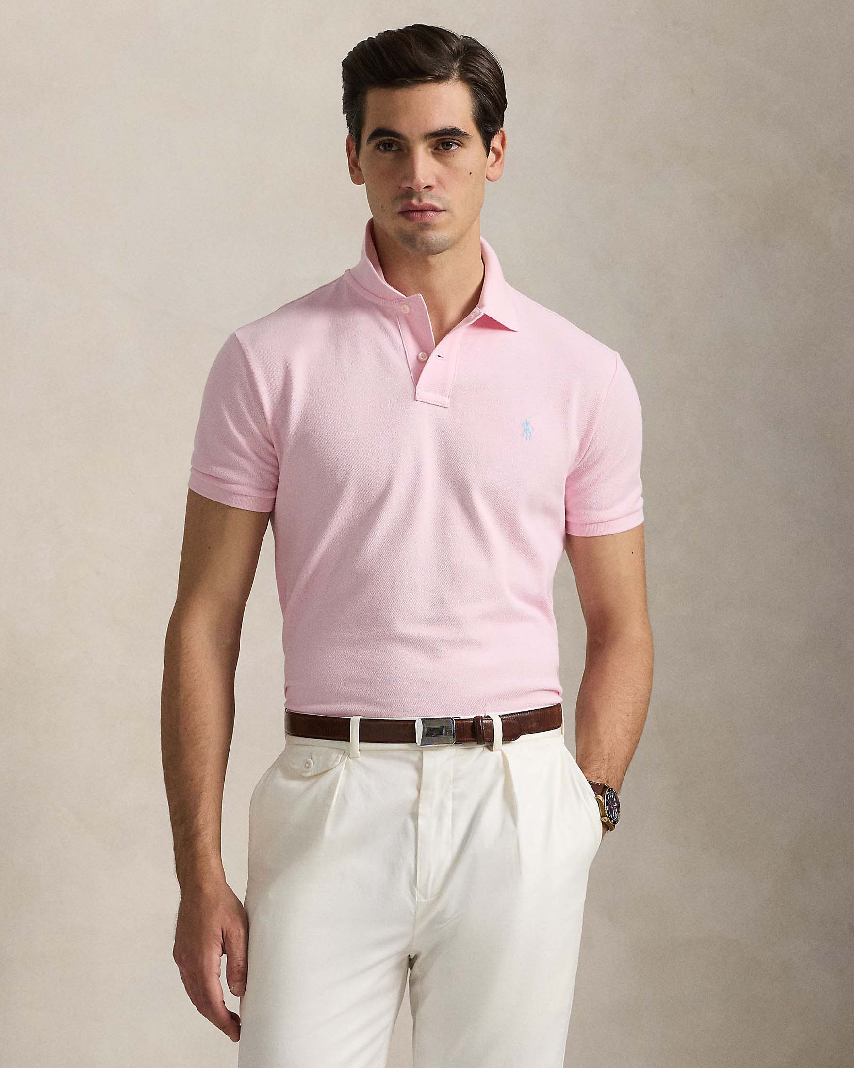Polo rosa mezza manica in piquè di puro cotone slim-fit