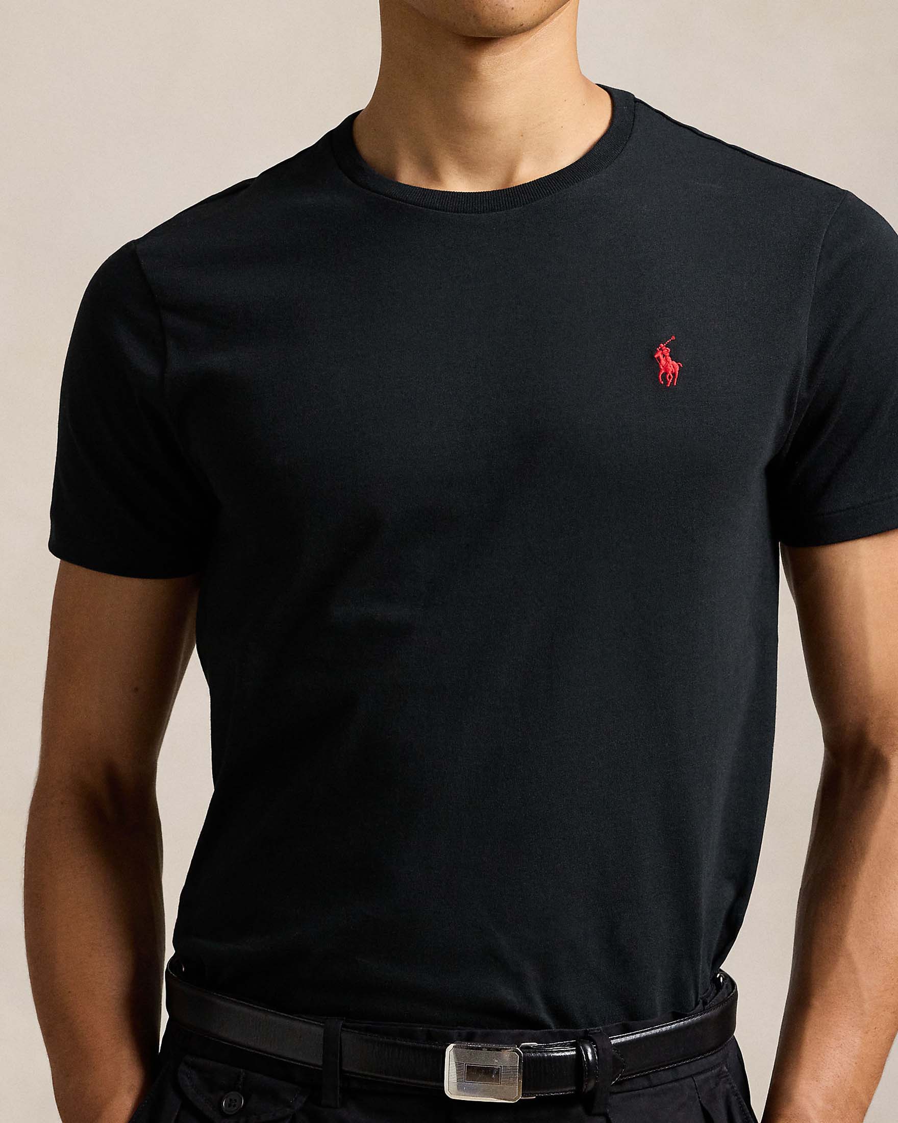 T-shirt Polo Ralph Lauren nera mezza manica custom slim-fit con logo pony rosso