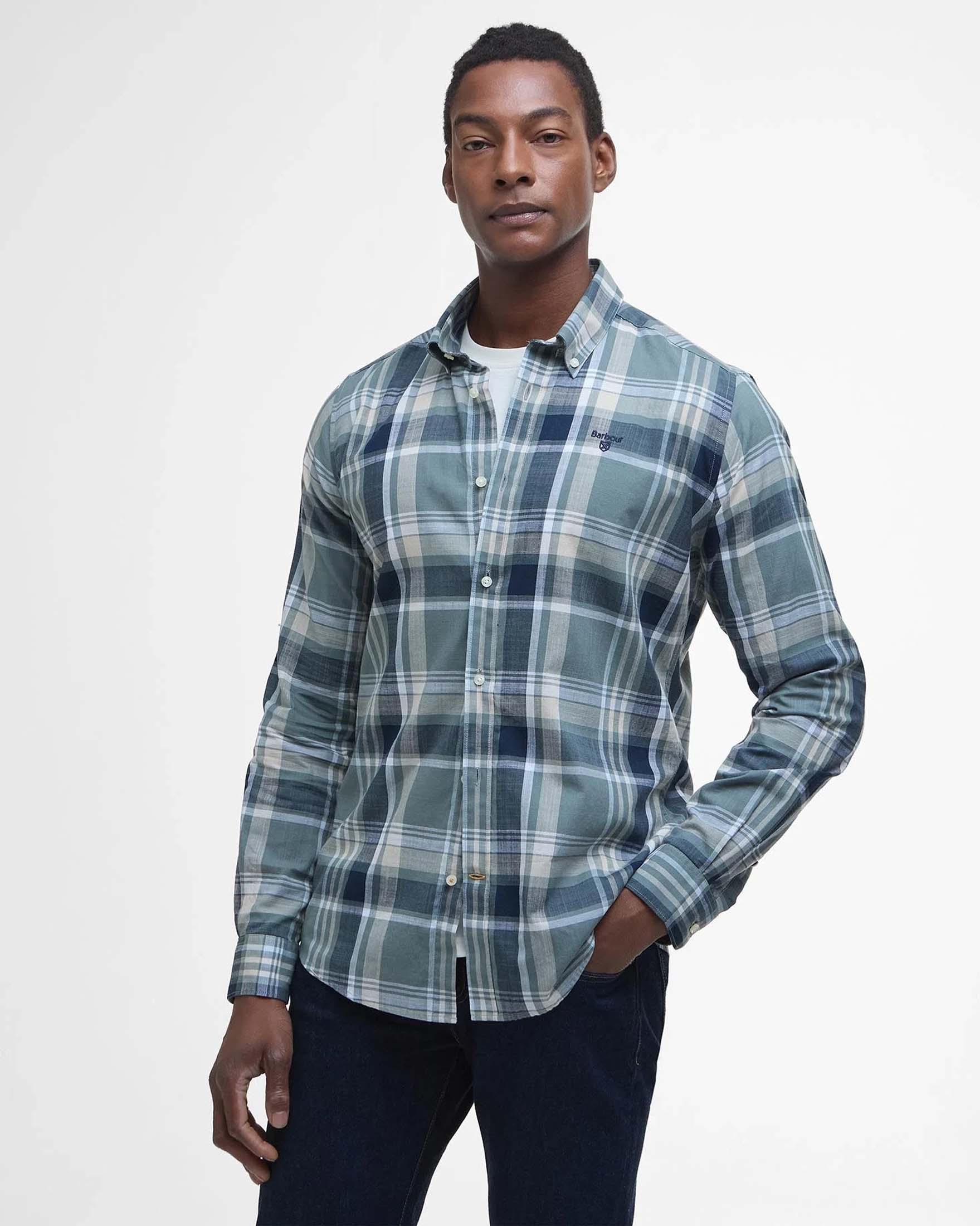 Camicia Kidd tailored-fit button down in fantasia tartan check verde salvia e blu