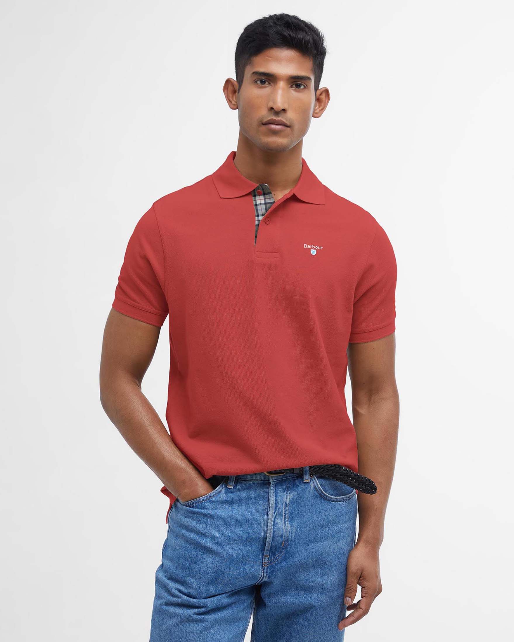 Polo corallo mezza manica in piquè di cotone con dettaglio tartan check