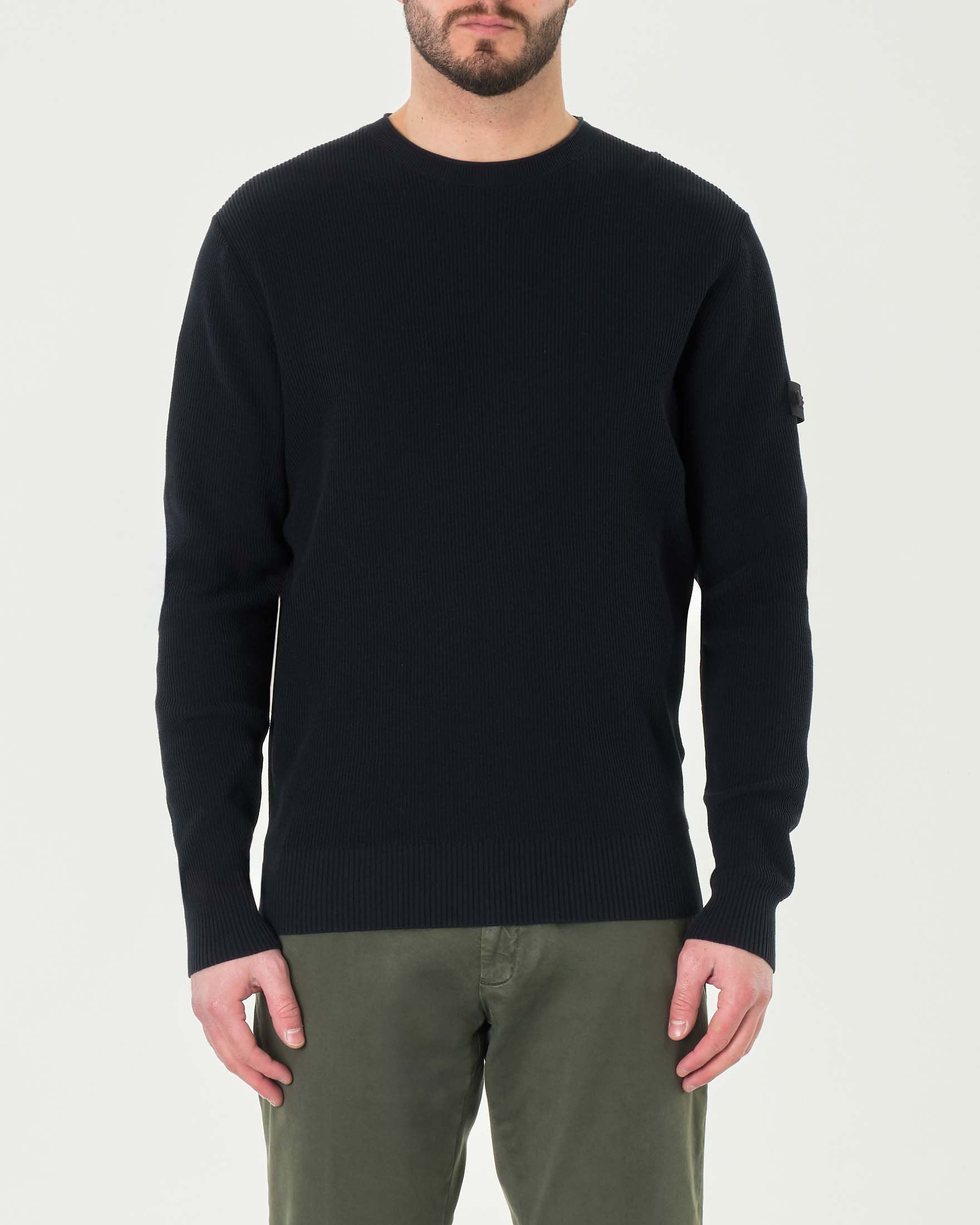 Maglia blu girocollo in cotone stretch a costine