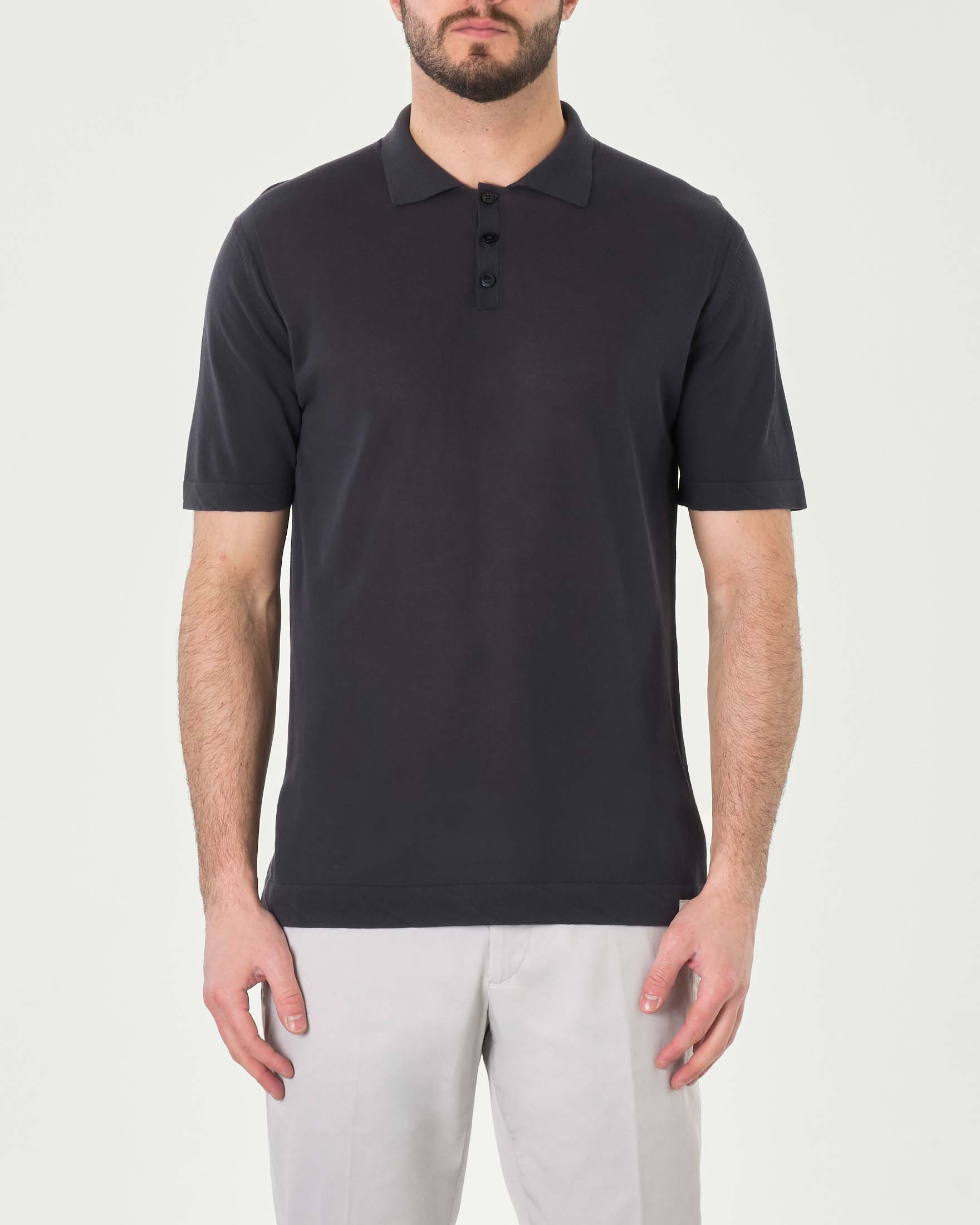 Polo blu mezza manica in tricot di cotone tinto capo