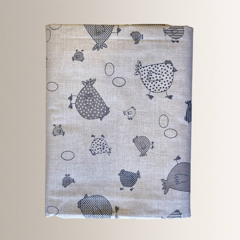 Tablecloth with gray chickens print for 12 people in cotton