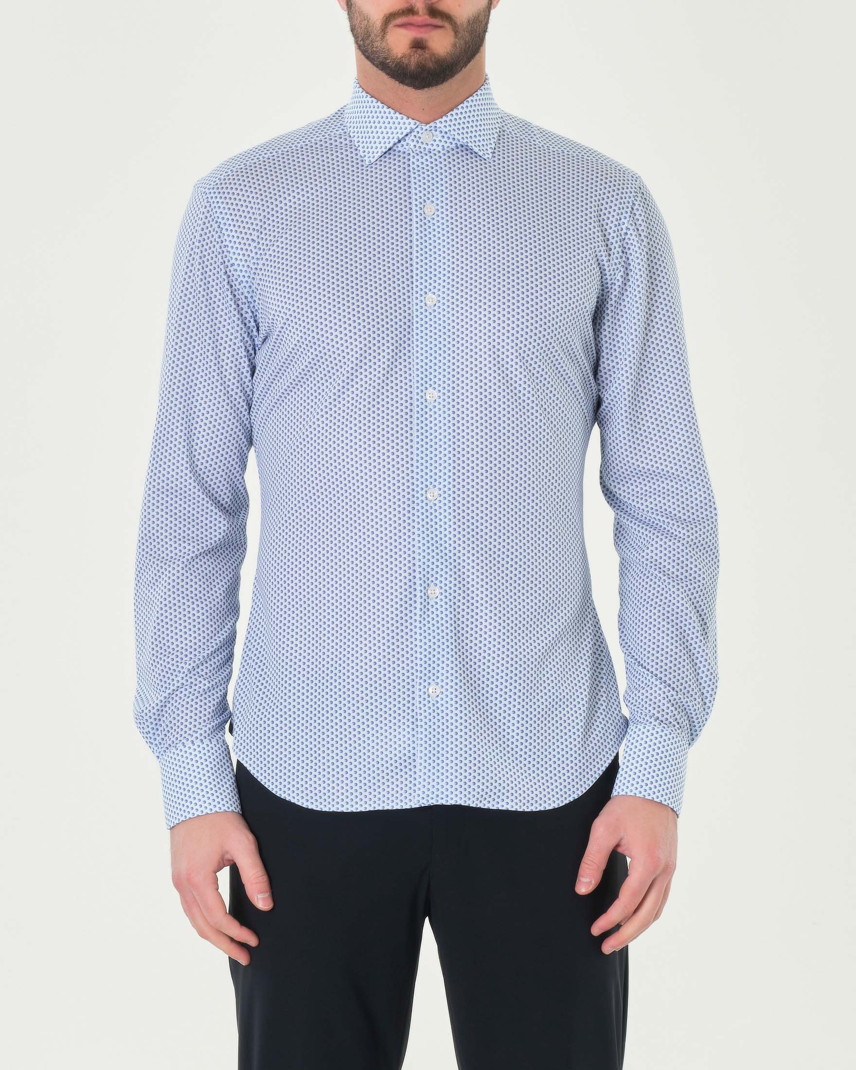 Camicia bianca con micro fantasia pallini azzurri in tessuto tecnico stretch