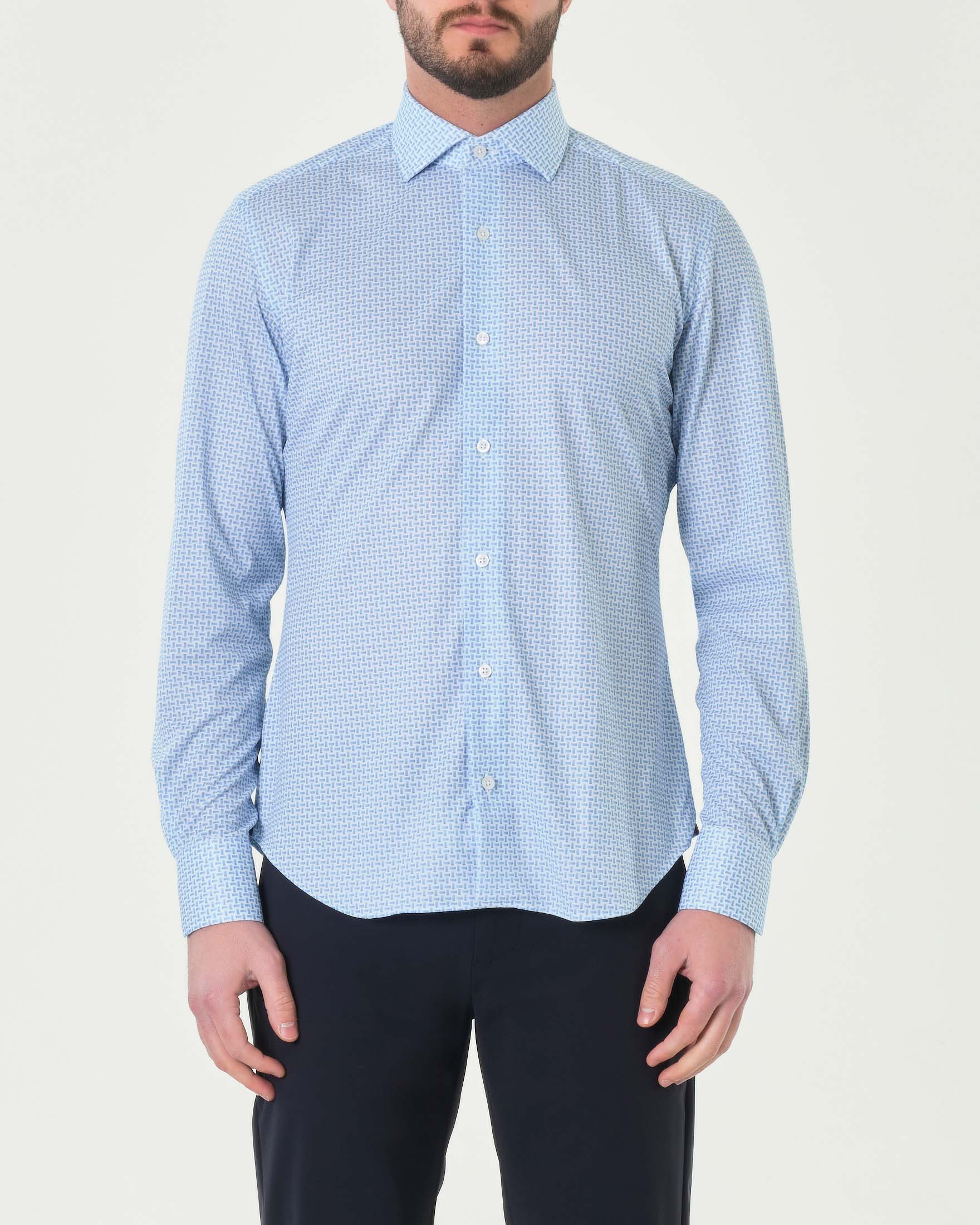 Camicia azzurra con micro fantasia mattoncini in tessuto tecnico stretch