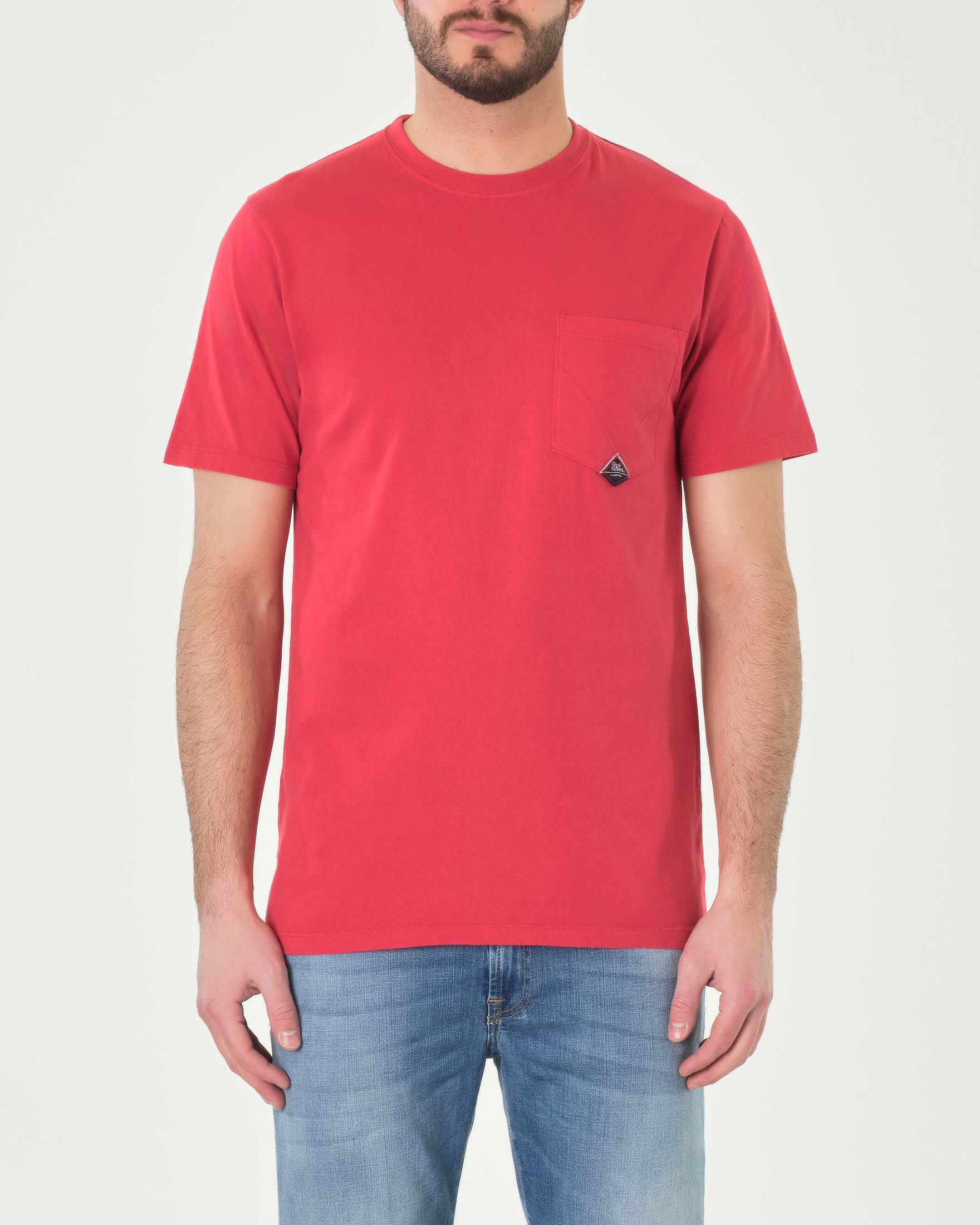 T-shirt mezza manica corallo in puro cotone con taschino applicato sul petto