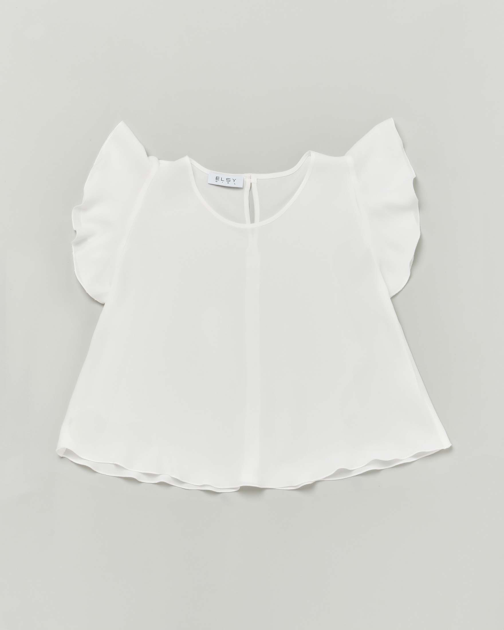 T-shirt bianca in crêpe a maniche corte con volant