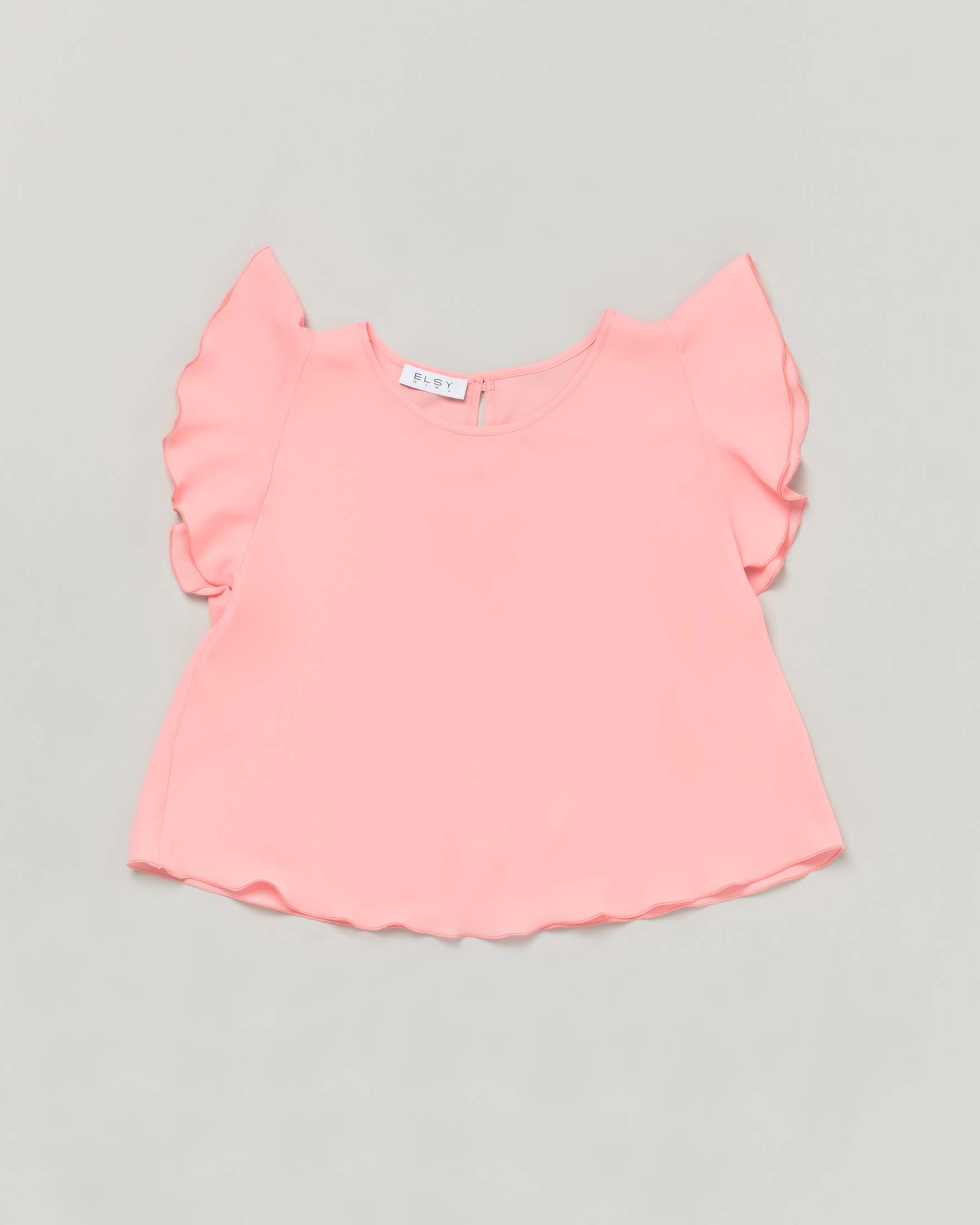 T-shirt color corallo in crêpe a maniche corte con volant