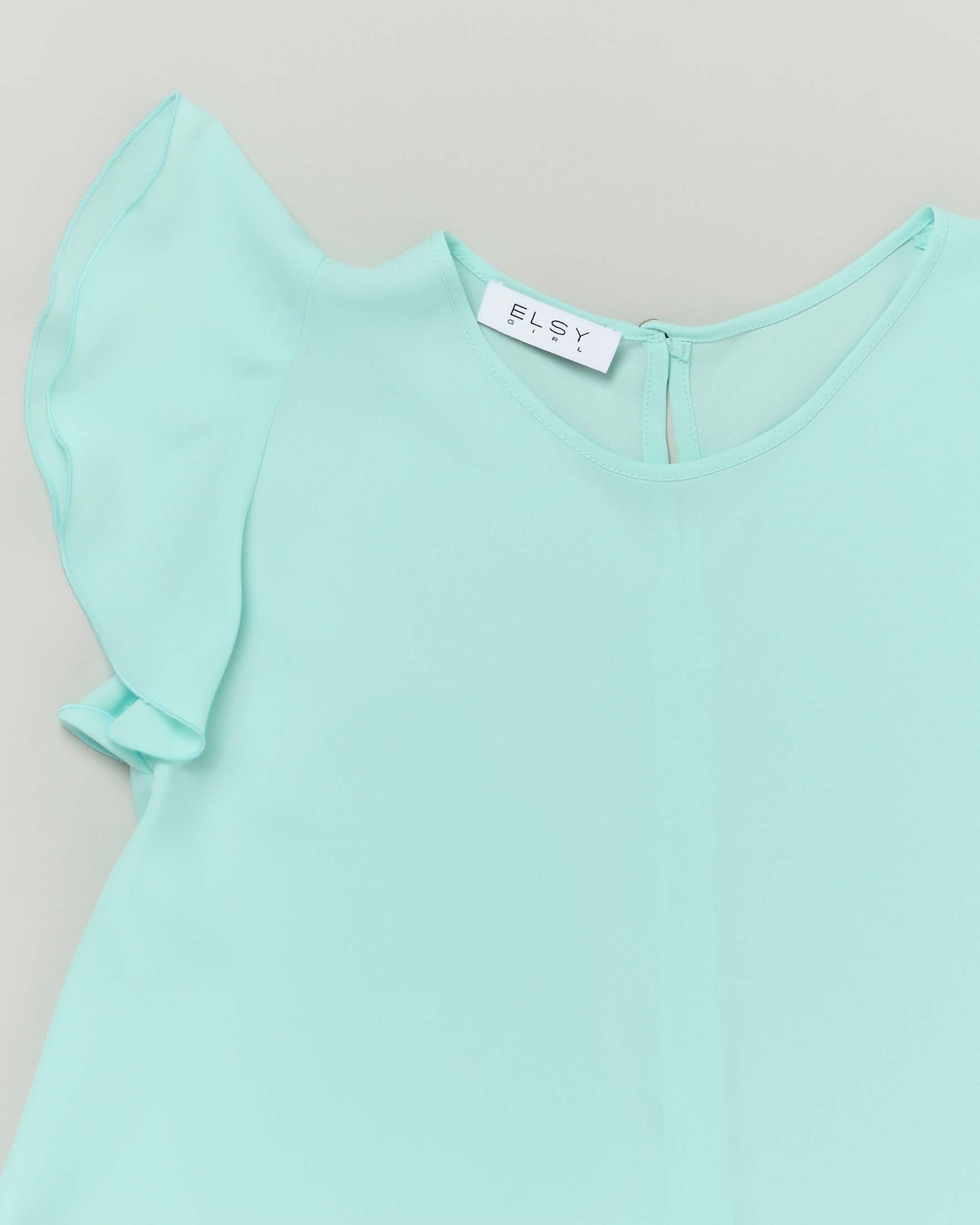 T-shirt verde acqua in crêpe a maniche corte con volant image