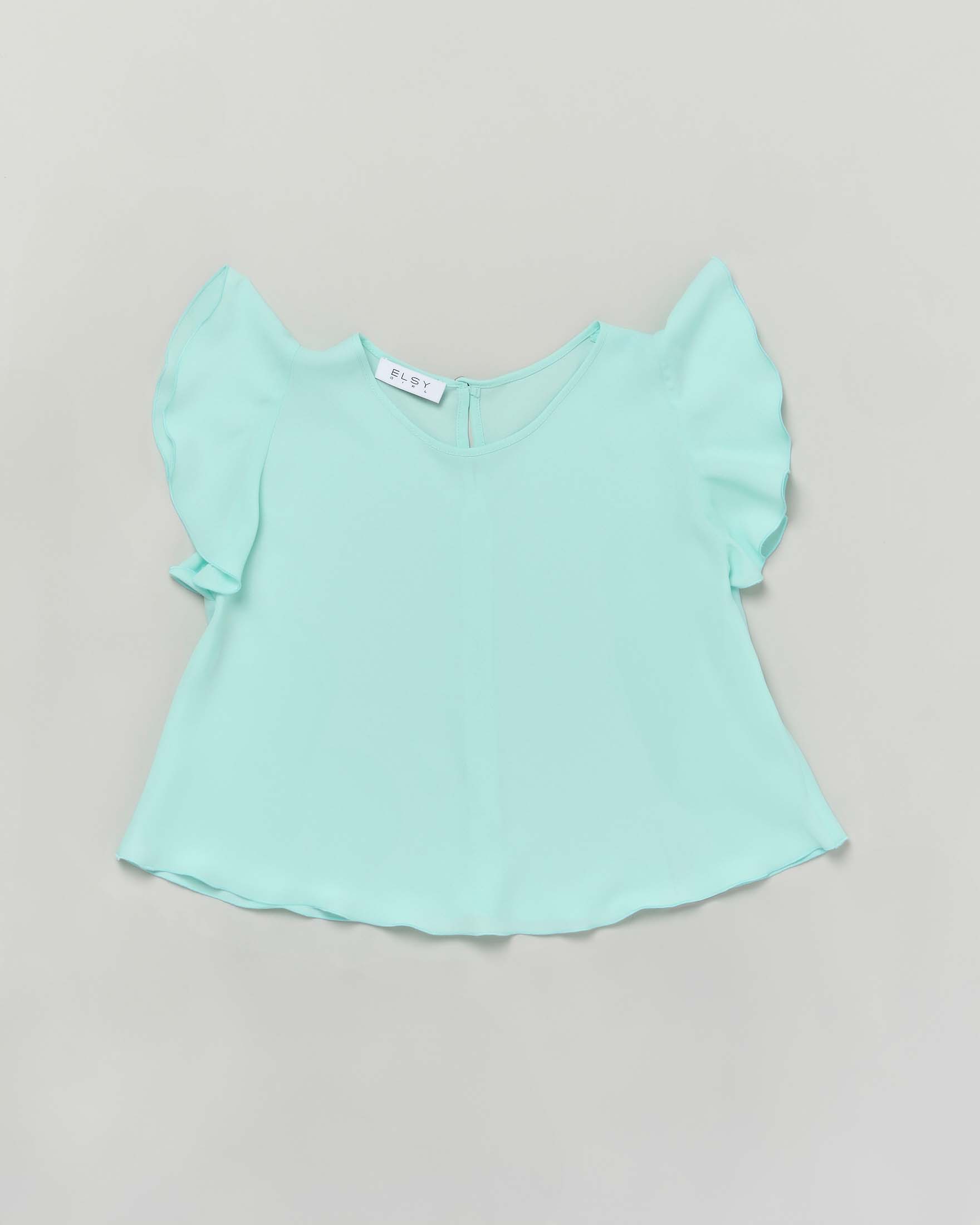 T-shirt verde acqua in crêpe a maniche corte con volant