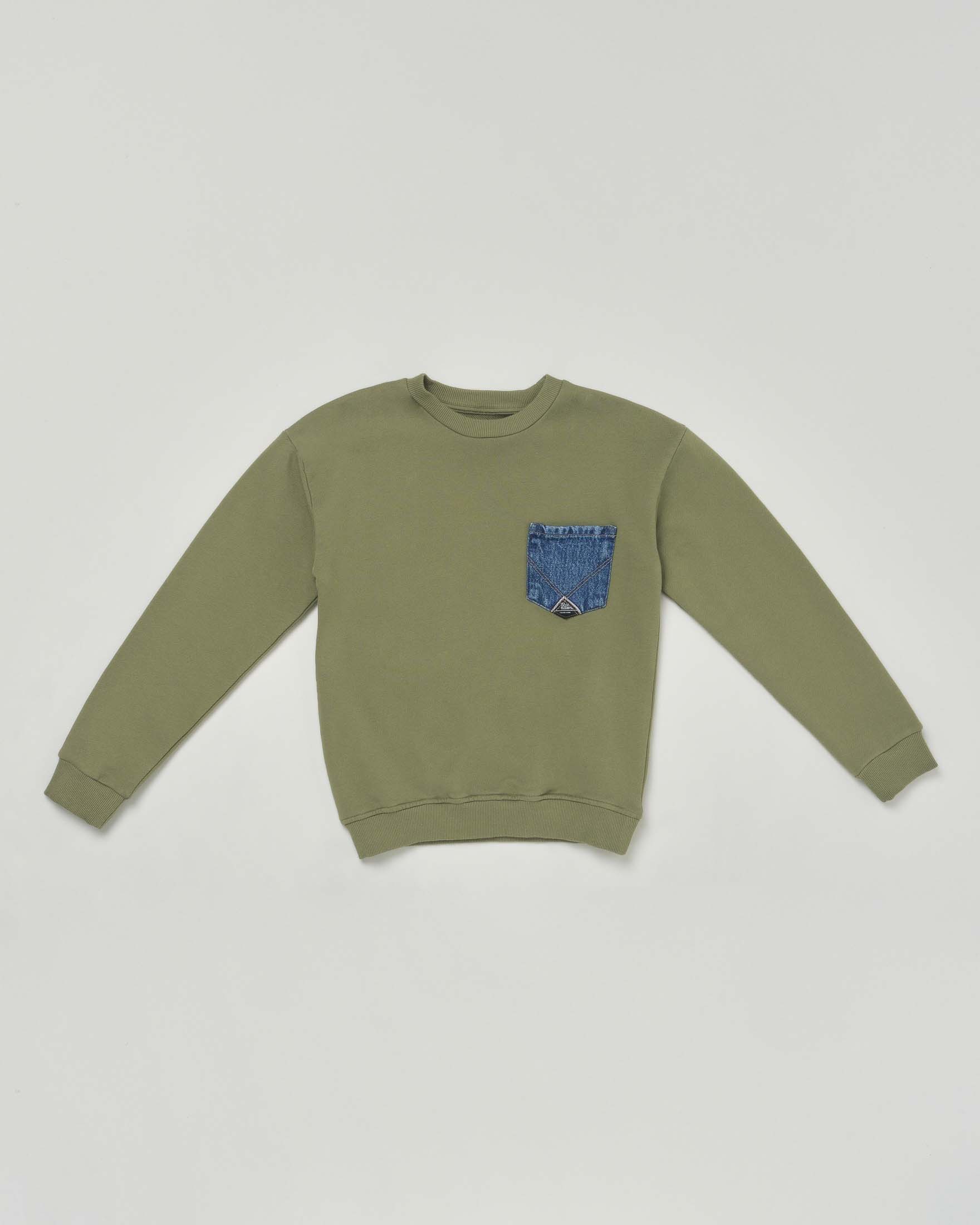 Felpa verde militare girocollo in puro cotone con taschino jeans