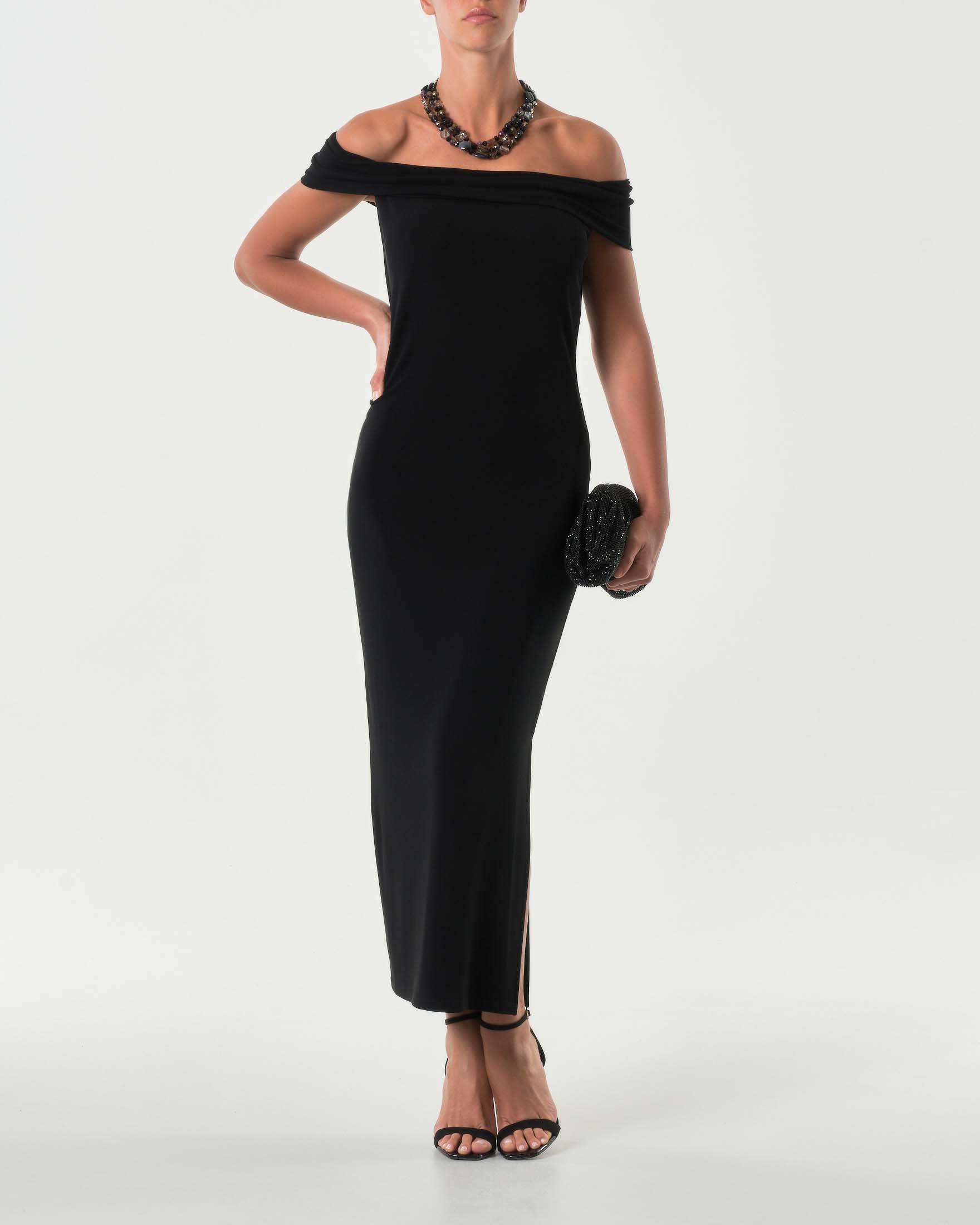 Lino Vestito Lungo Nero Maniche Corte Abito Lungo Nero In Maglina - Main Image