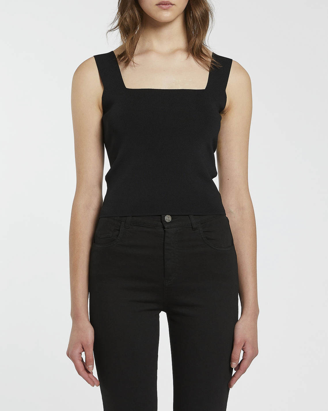 Crop top nero smanicato in maglia di misto viscosa con scollo squadrato