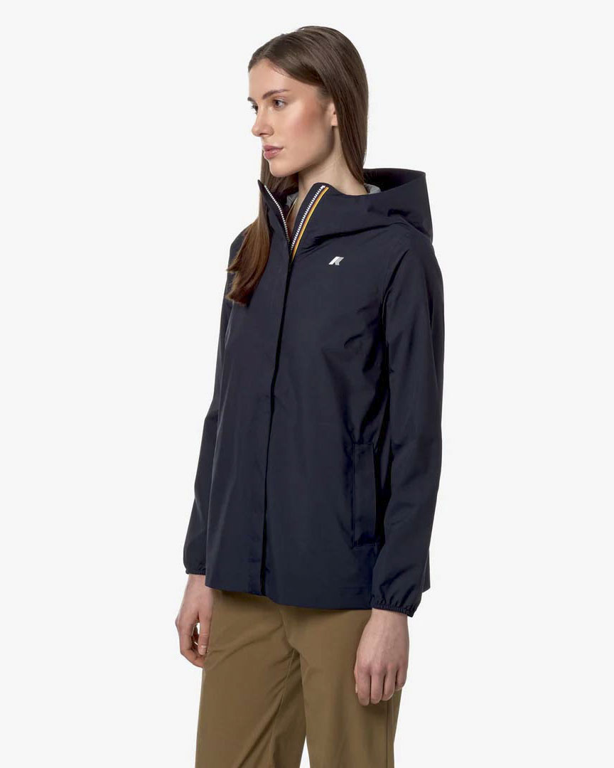 Giubbino K-way Marguerite midi blu con cappuccio e colletto alto