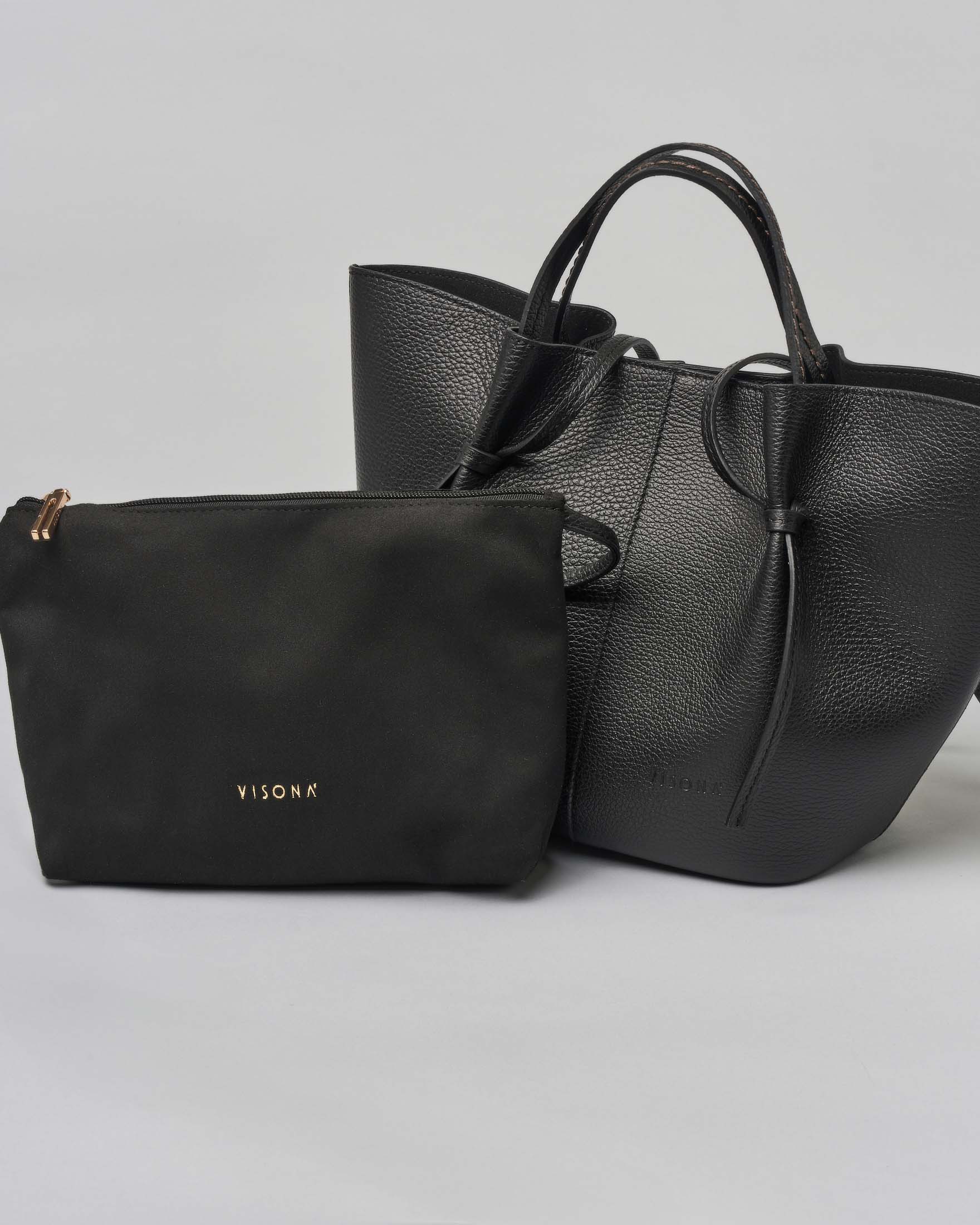 Borsa a mano color cuoio a trapezio in pelle bottalata con manici a spalla regolabili e pochette in suede image