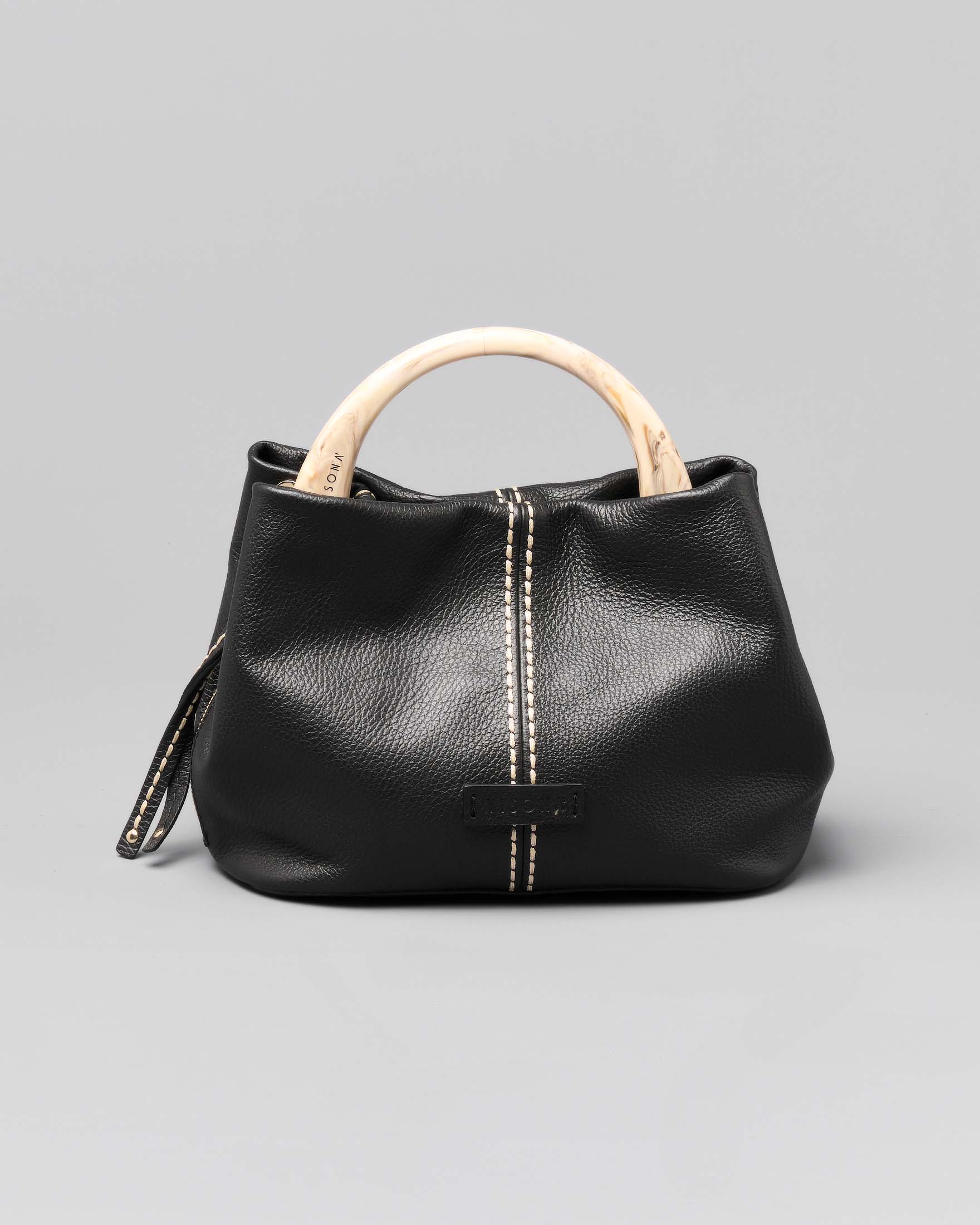 Borsa nera in pelle martellata misura piccola con manico in osso e