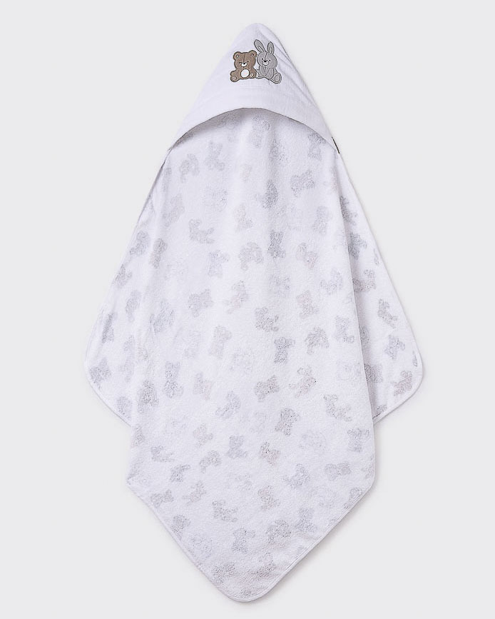 Asciugamano a mantella bianca in cotone con cappuccio in fantasia orsetti