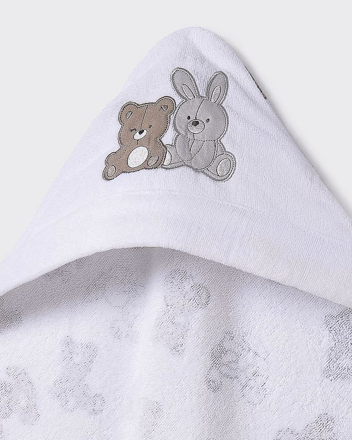 Asciugamano a mantella bianca in cotone con cappuccio in fantasia orsetti image