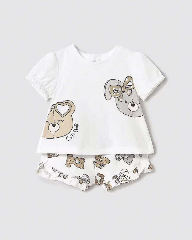 Completo t-shirt e short bianchi in cotone stretch con stampa orsetti
