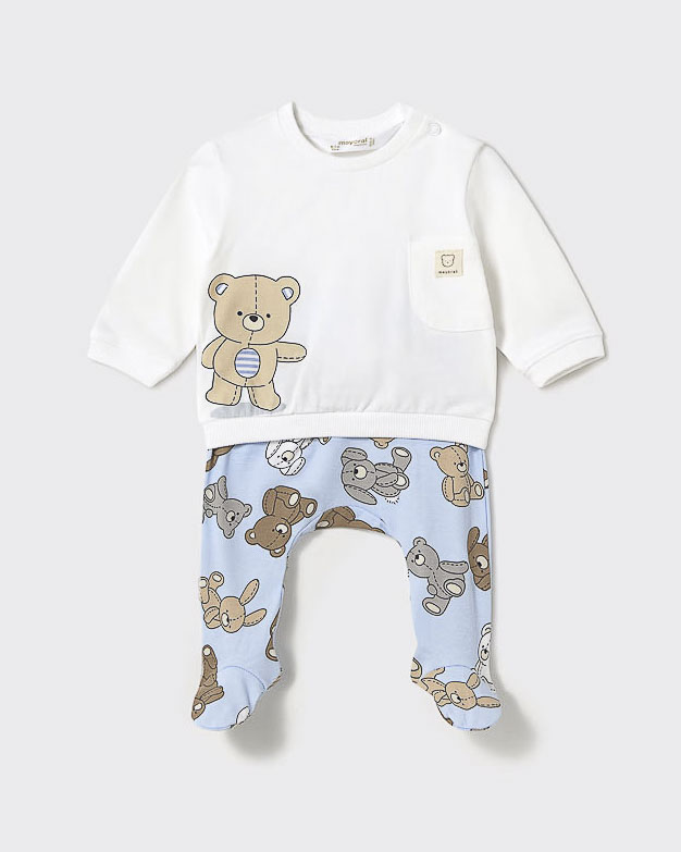 Completo bianco e azzurro in misto cotone stretch con stampa orsetti