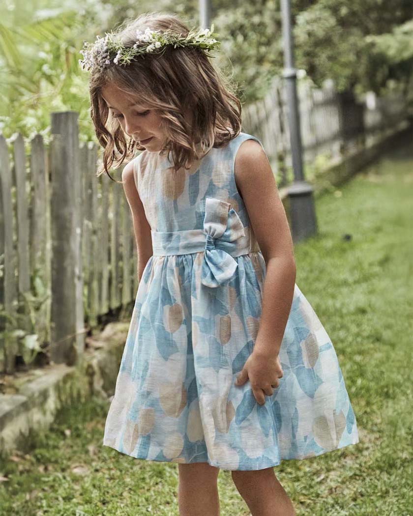 Abito fit and flare azzurro e beige in misto lino a fantasia floreale