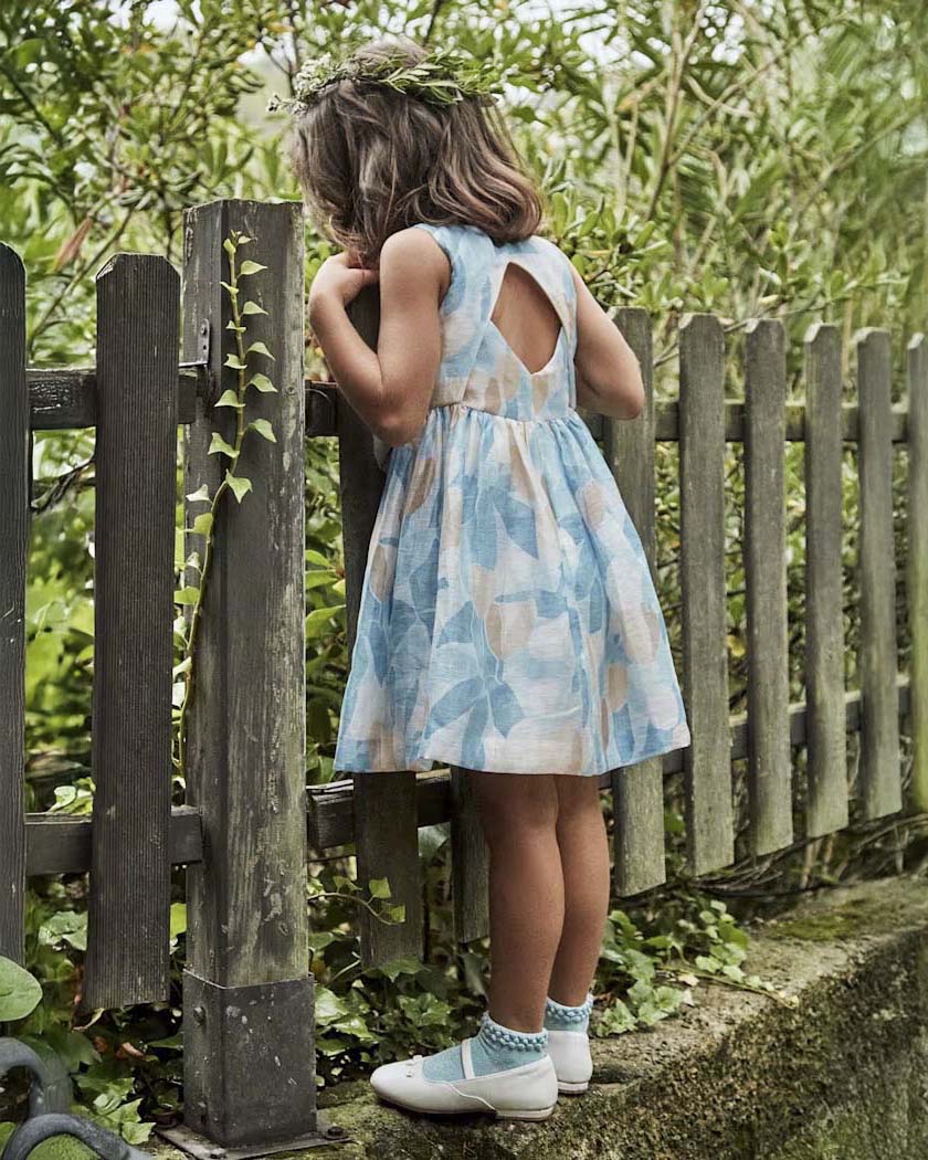 Abito fit and flare azzurro e beige in misto lino a fantasia floreale