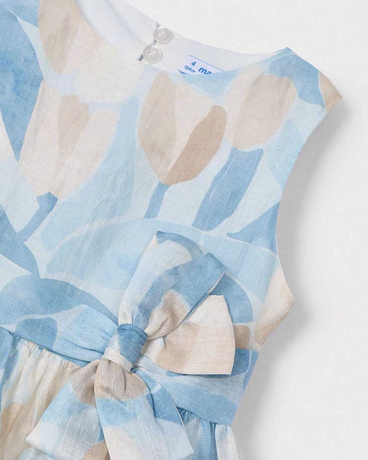 Abito fit and flare azzurro e beige in misto lino a fantasia floreale