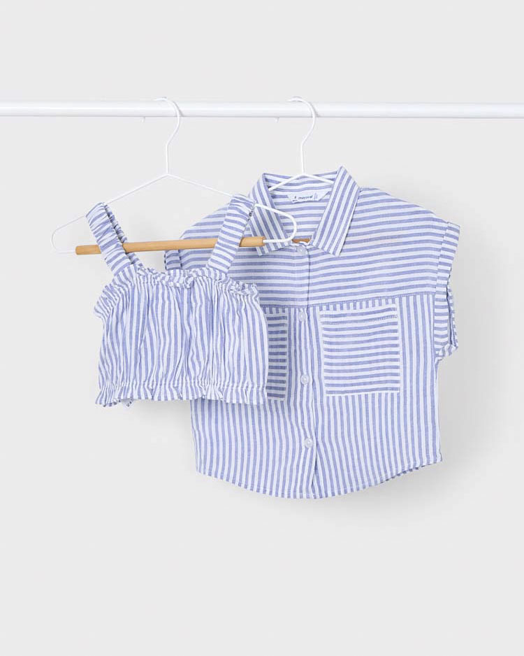 Set Mayoral top e camicia a righe azzurre e bianche in cotone e viscosa image