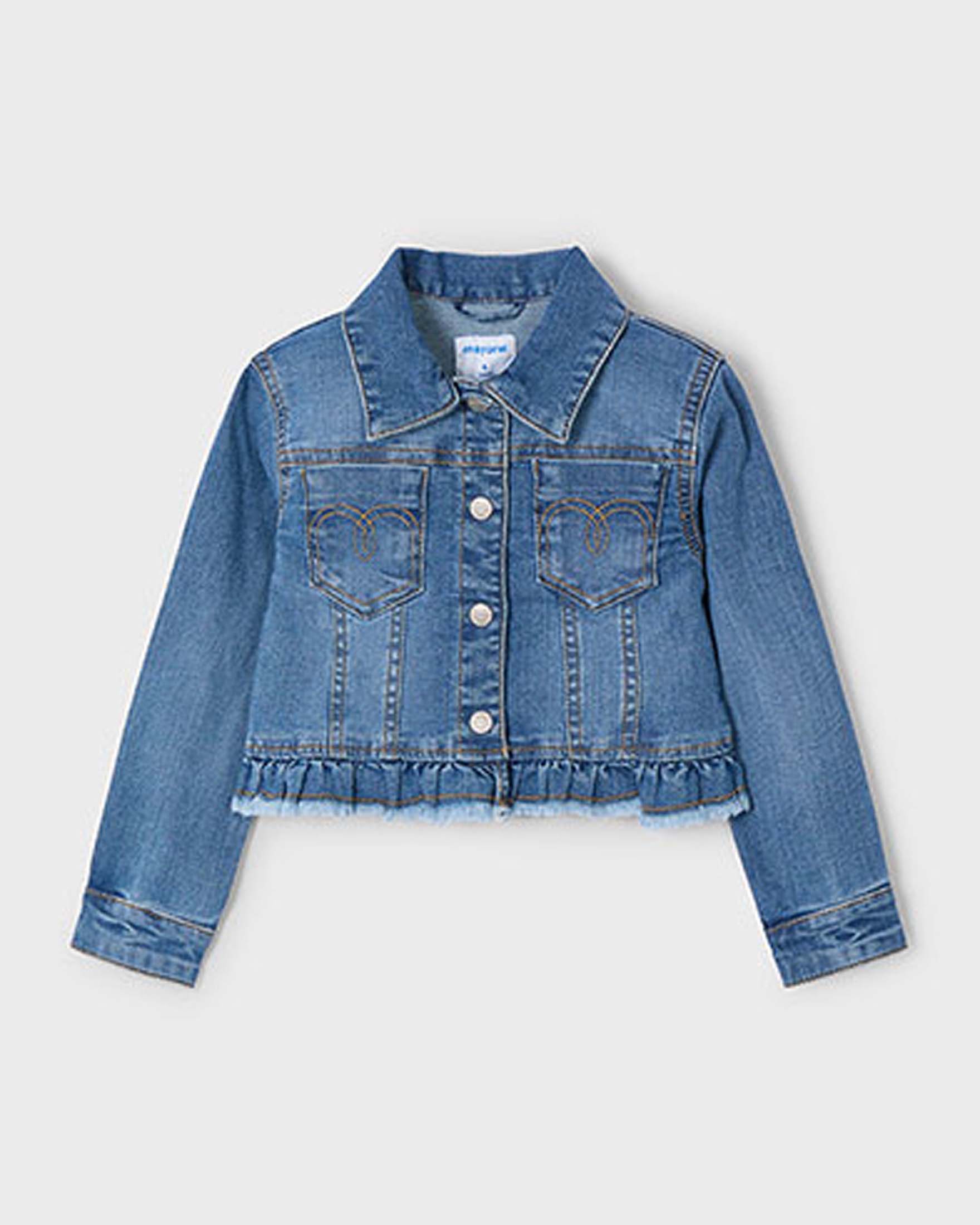 Giubbino cropped in denim a lavaggio medio con balza