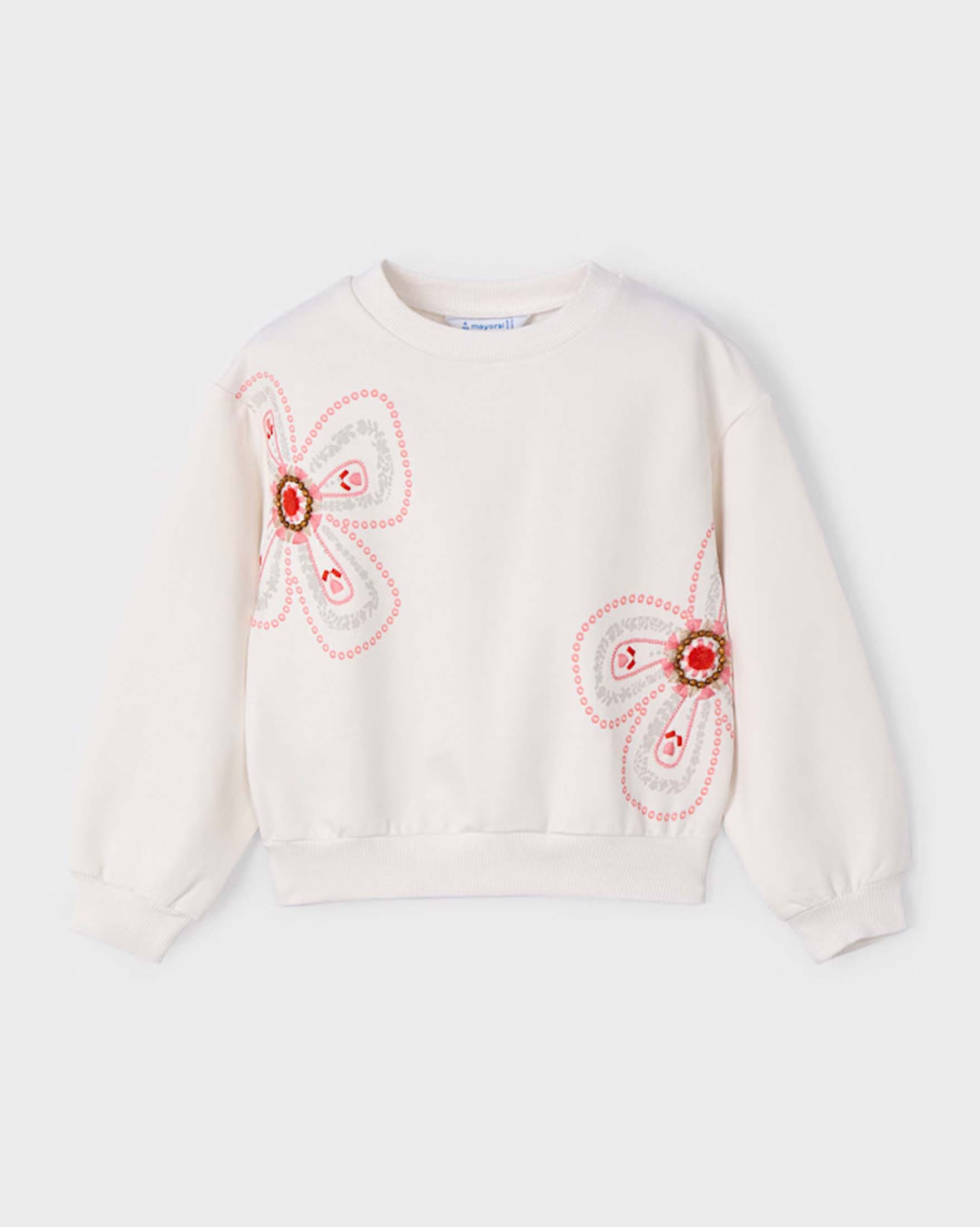 Felpa avorio girocollo in cotone stretch con fiori e perline