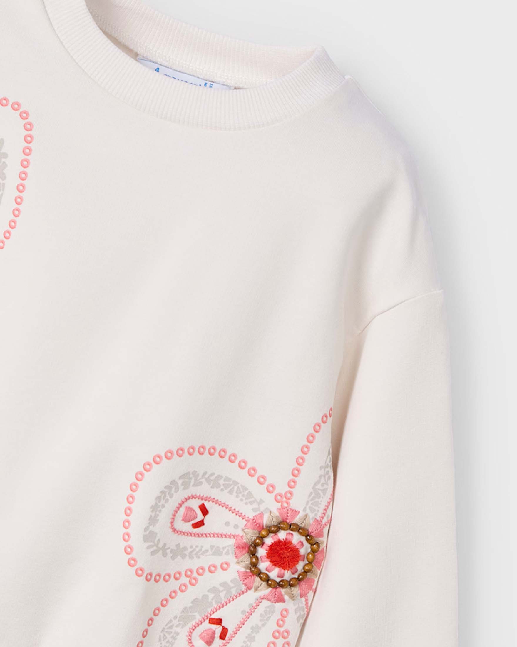 Felpa avorio girocollo in cotone stretch con fiori e perline image