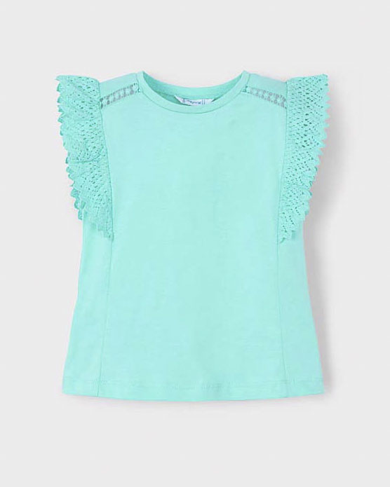 T-shirt Mayoral verde acqua con maniche crochet ad aletta