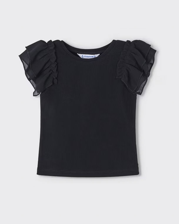 T-shirt nera in cotone stretch a costine con maniche corte con rouches